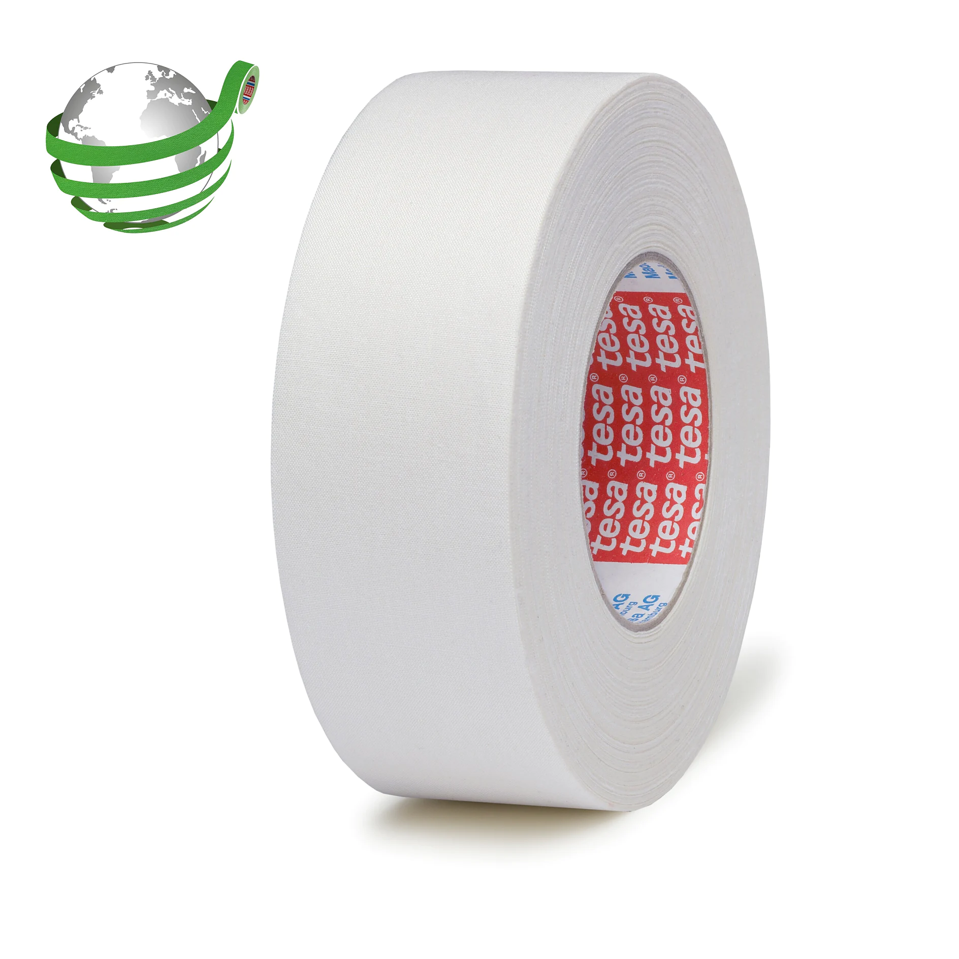 roll of white tesa adhesive tape standing upright on a white background with a globe logo in the corner (This text has been generated by AI)