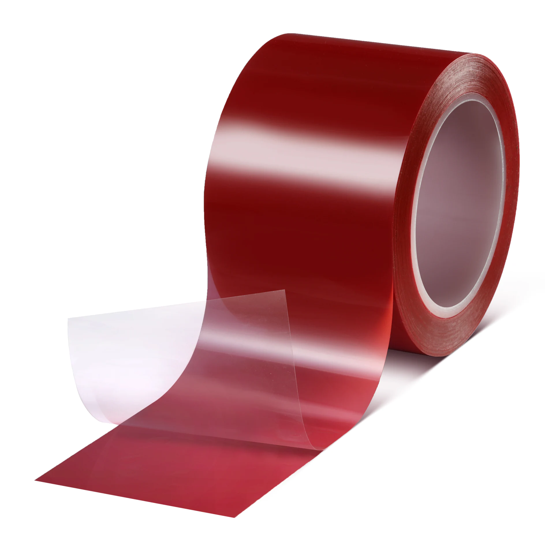 red tesa tape roll partially unrolled on white background, showing glossy surface and transparent backing (This text has been generated by AI)