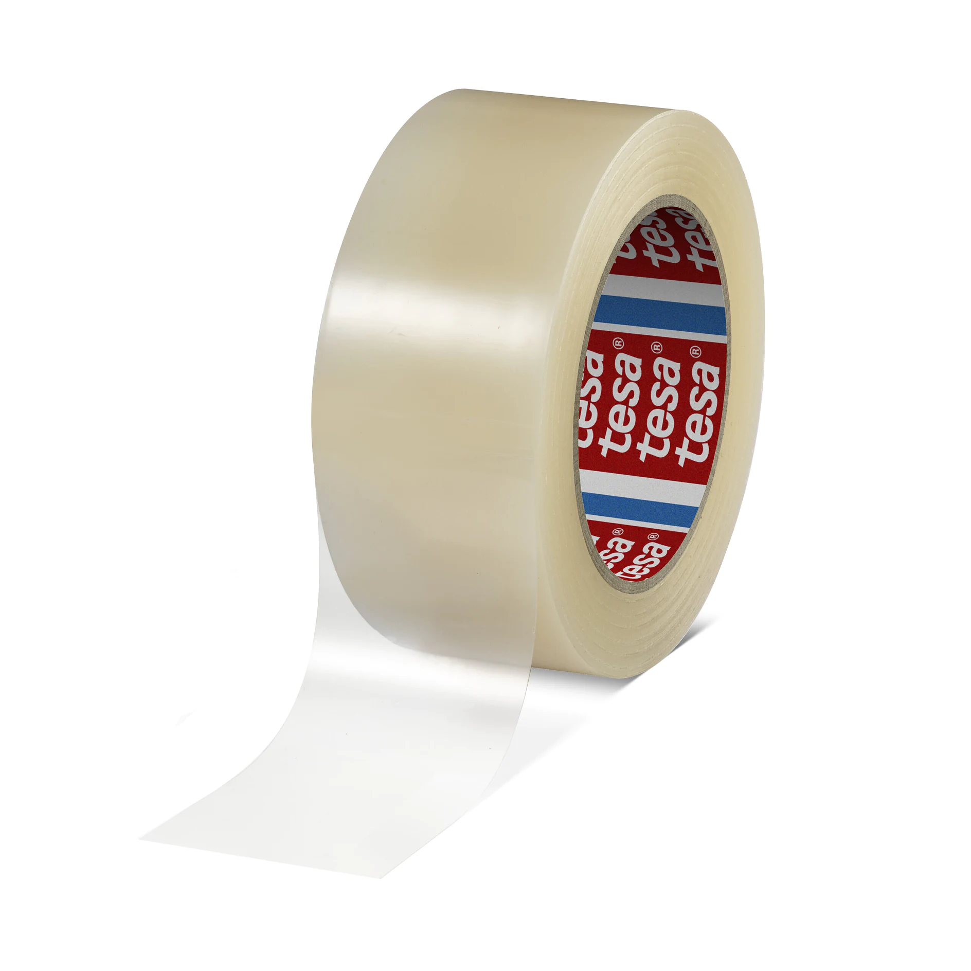 clear adhesive tape roll with red and white tesa branded core on white background (This text has been generated by AI)