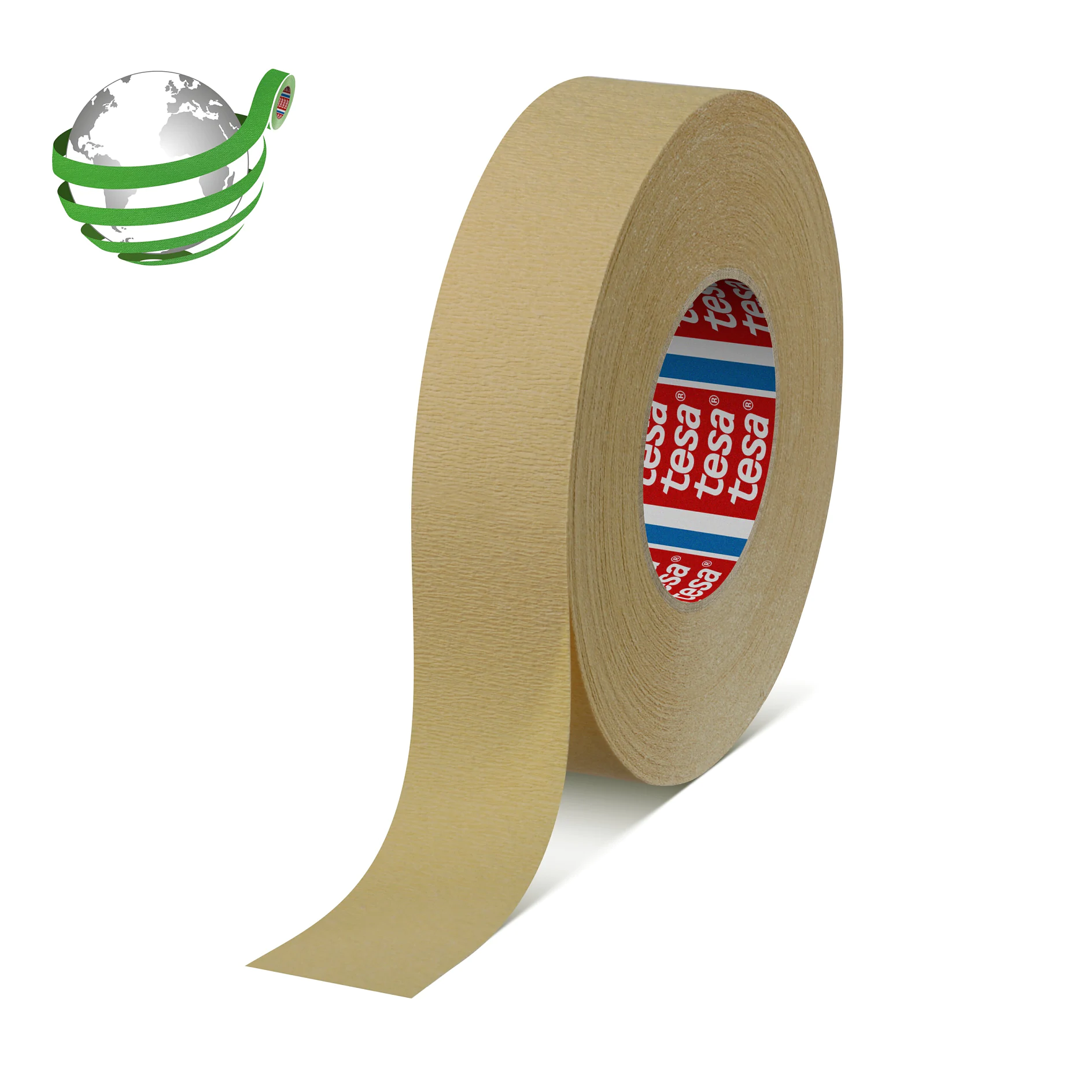 roll of brown tesa adhesive tape standing upright on a white background with a green and silver globe logo in the corner (This text has been generated by AI)