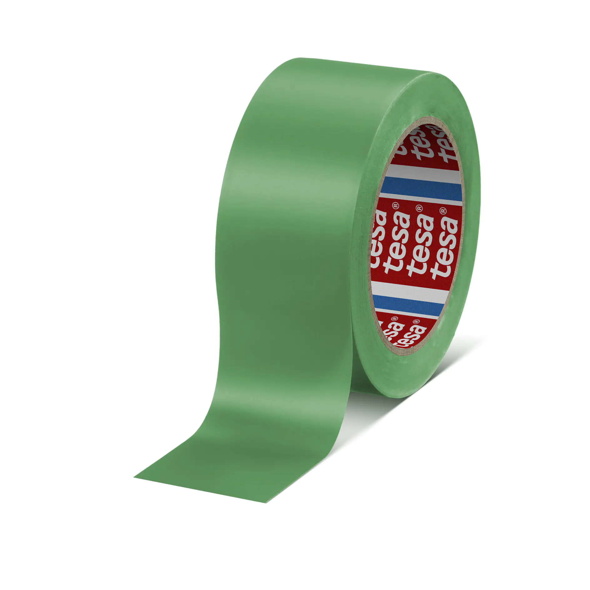 green tesa adhesive tape roll with partially unrolled strip on white background (This text has been generated by AI)