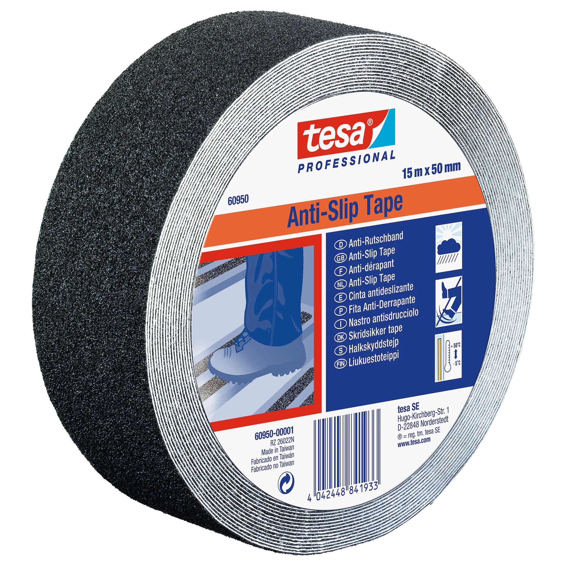 tesa professional anti-slip tape roll with black textured surface and product label showing usage instructions and specifications (This text has been generated by AI)