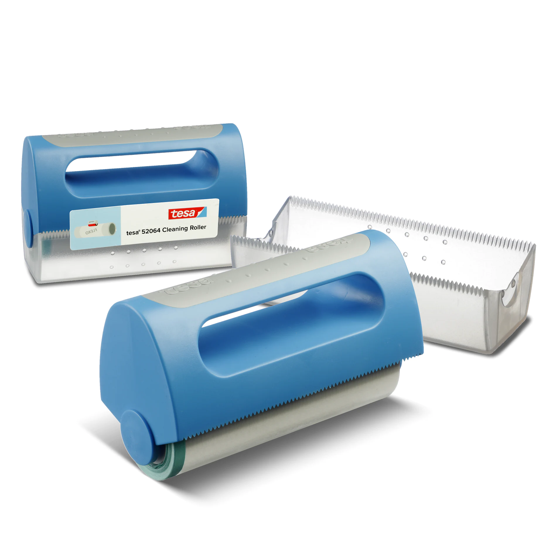 tesa blue adhesive tape dispenser with a roll of tape and a clear plastic cutter stand on a white background (This text has been generated by AI)