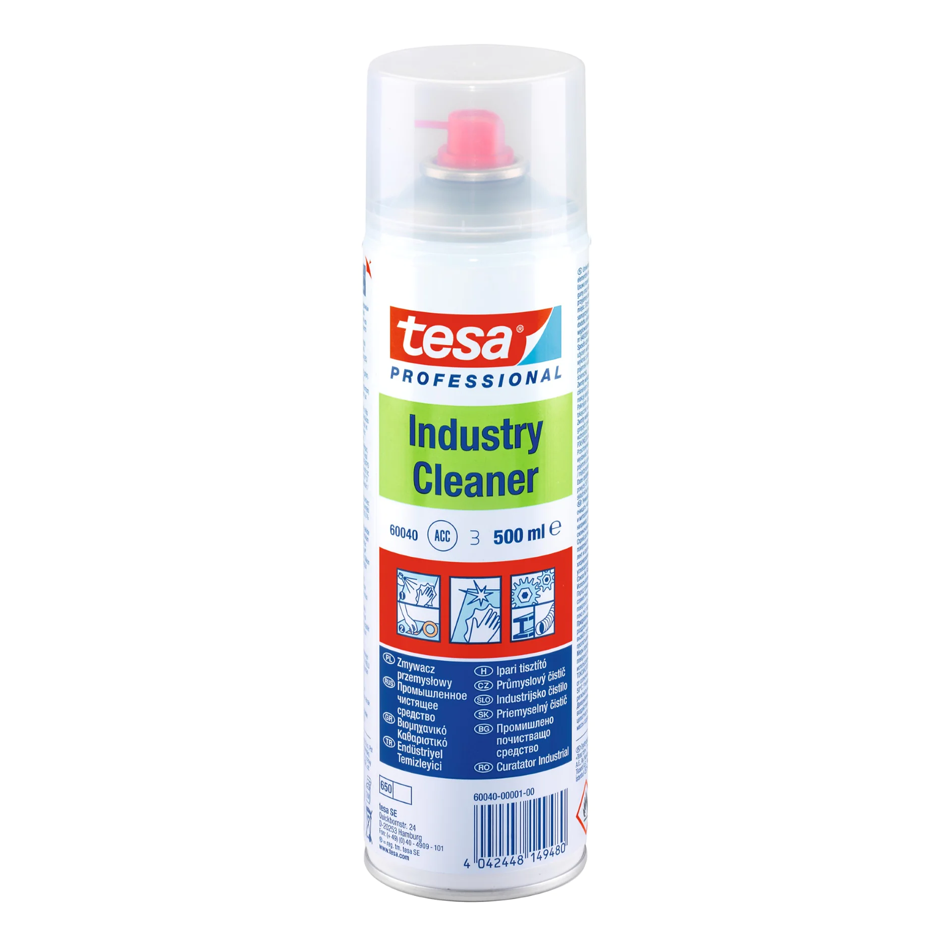 A spray can of tesa professional industry cleaner with a red nozzle. It contains 500 ml of liquid. The label features multiple languages and symbols indicating product specifications and safety instructions. (This text has been generated by AI)