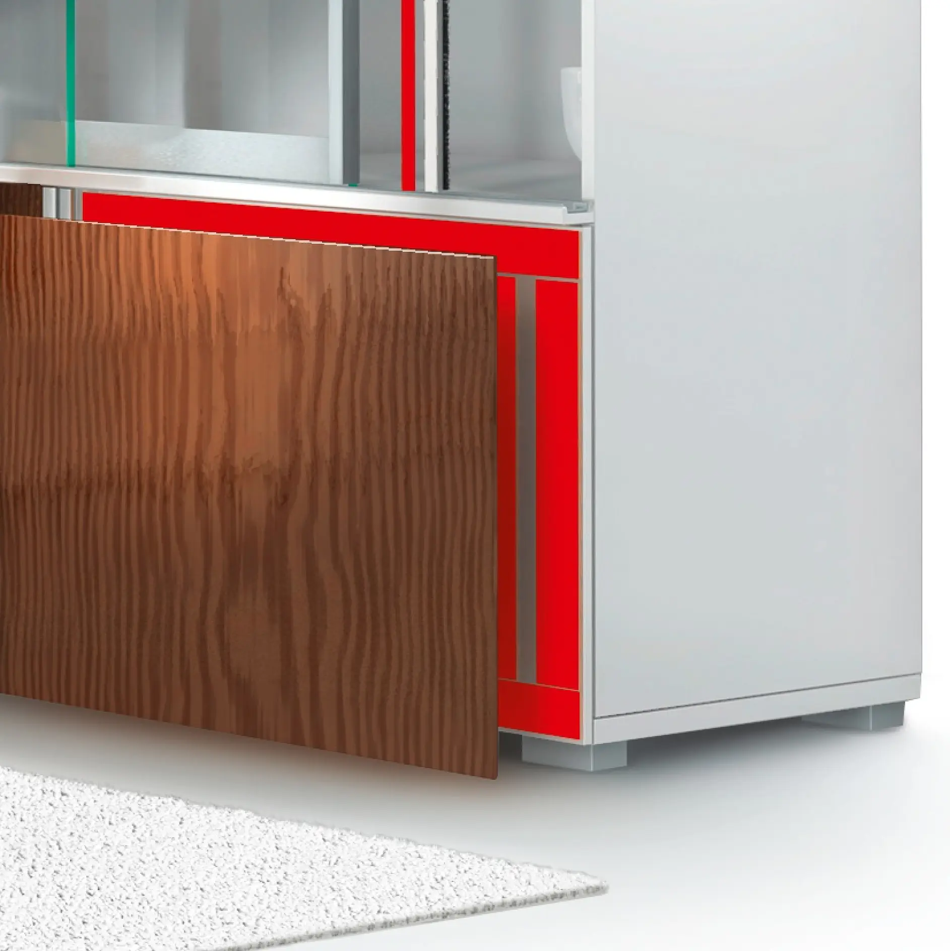 wooden cabinet door leaning against a white and red kitchen cabinet in an indoor setting with a white rug nearby tesa (This text has been generated by AI)