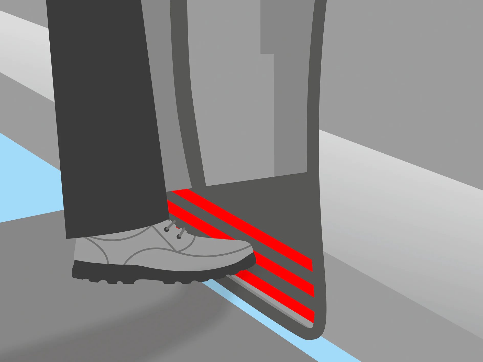 tesa red adhesive tape strips applied to a gray door edge with a person’s foot stepping nearby in an indoor setting (This text has been generated by AI)