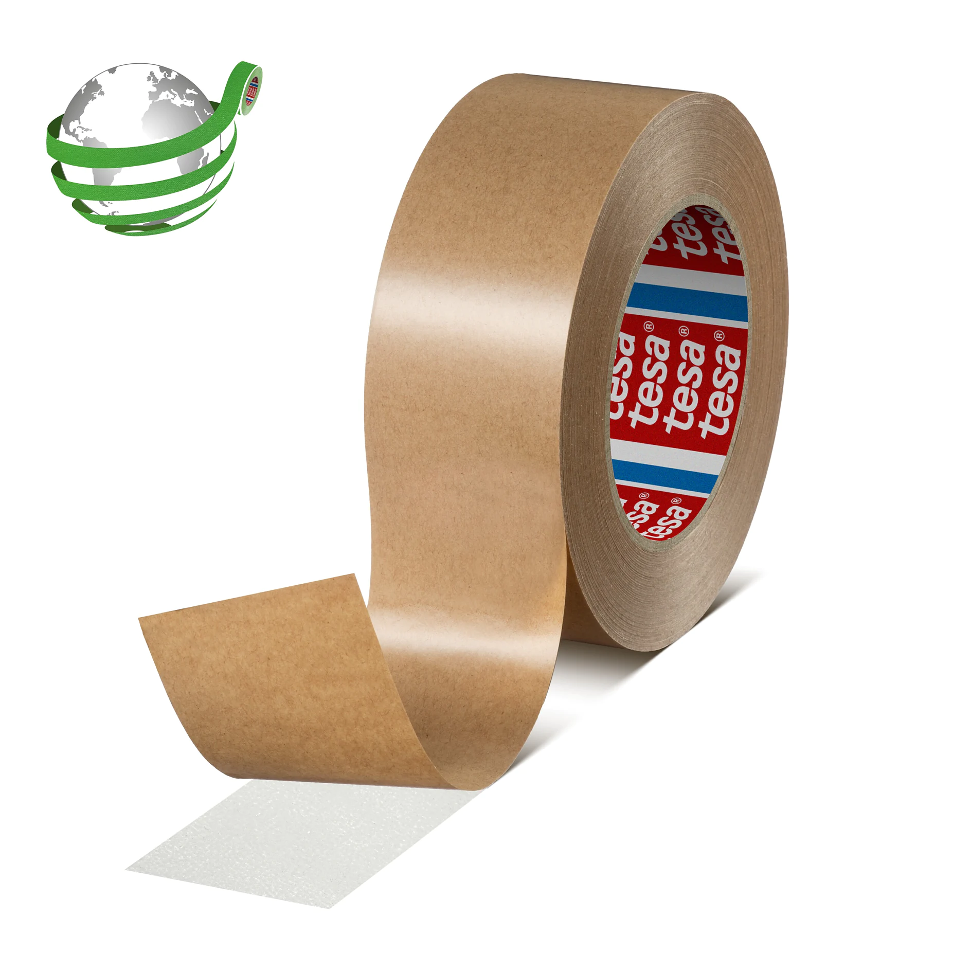 roll of brown tesa adhesive tape with partially unrolled strip on white background, eco-friendly packaging symbol nearby (This text has been generated by AI)