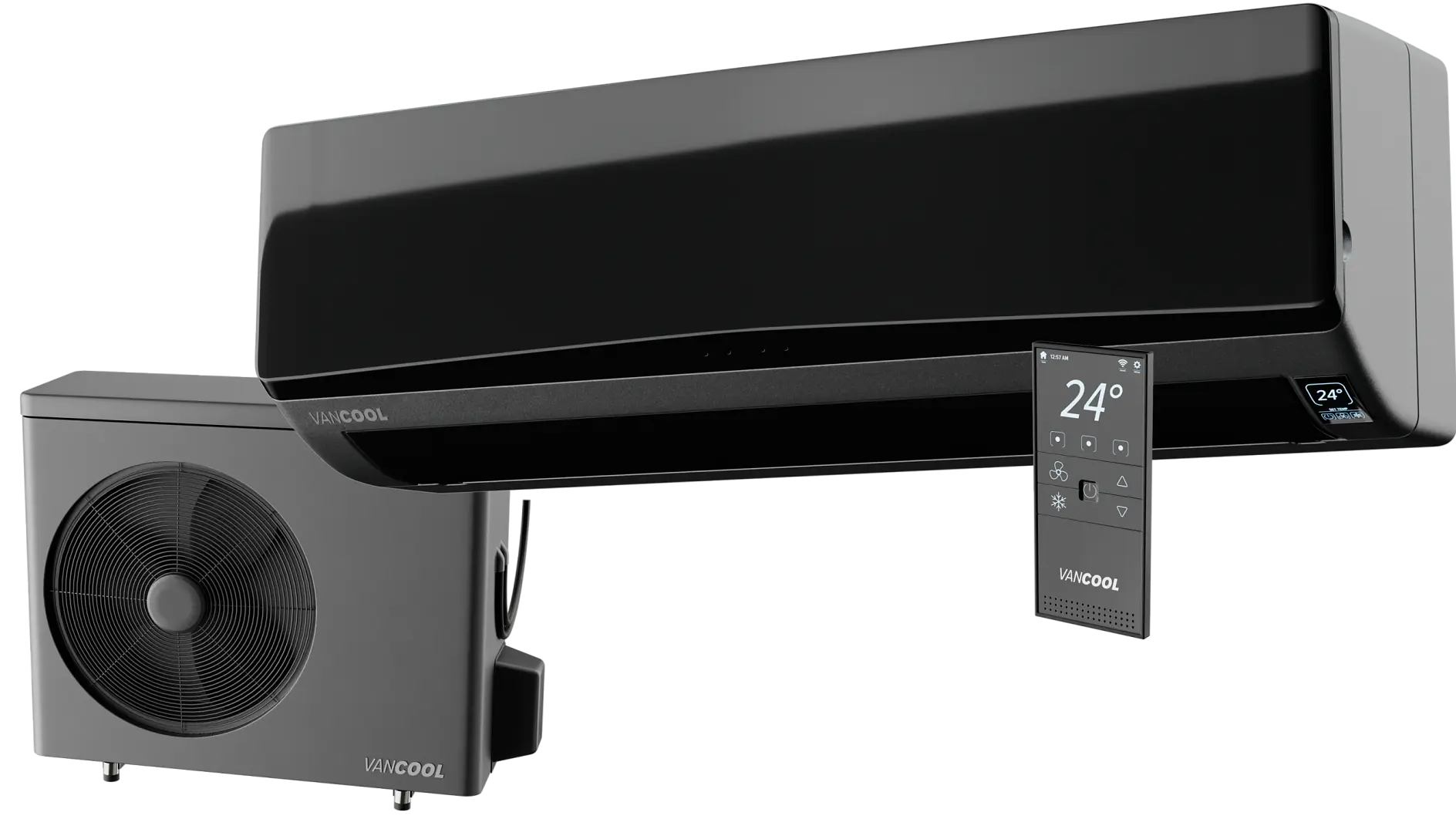 A sleek, modern air conditioning unit with a black finish is displayed alongside its external unit and a remote control showing a temperature of 24°C. The brand name on both units is VANCOLD.