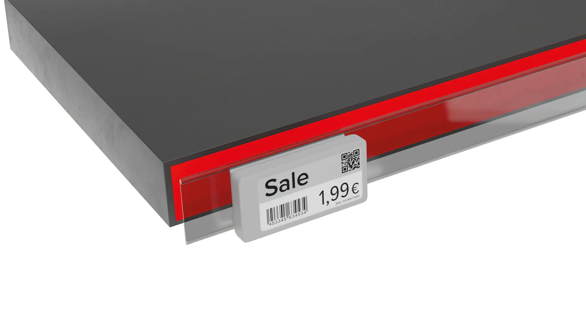 black retail shelf edge with red trim and a small white price tag labeled "sale" showing 1.99€ in a store setting (This text has been generated by AI)
