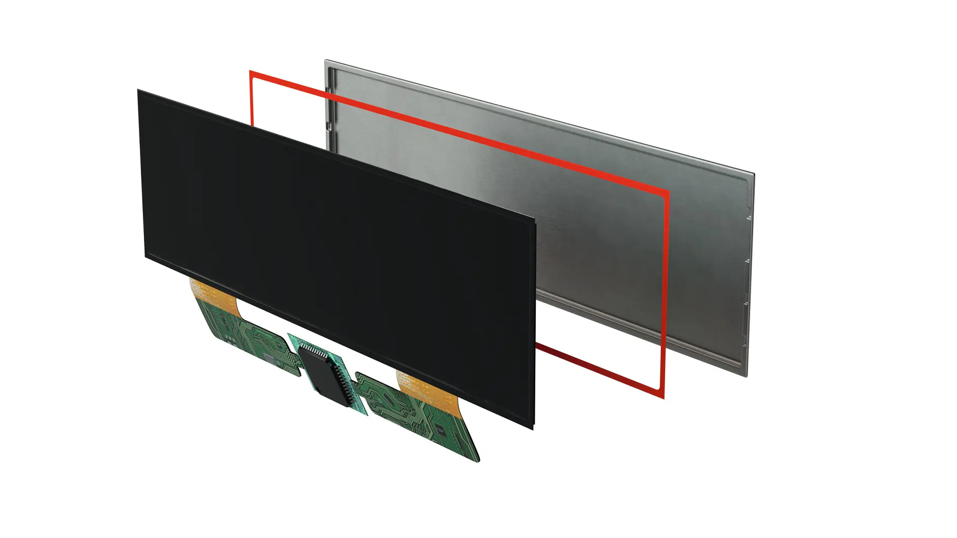 tesa adhesive layer positioned between black LCD screen and gray metal backing in a digital display assembly. (This text has been generated by AI)