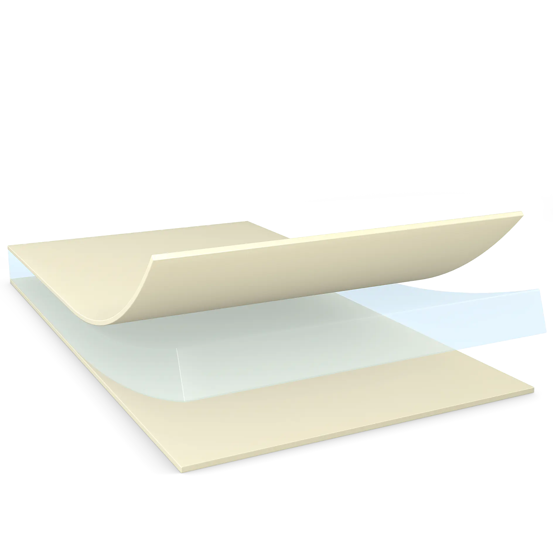 three layers of tesa adhesive tape separated, showing backing, adhesive, and protective liner on white background (This text has been generated by AI)