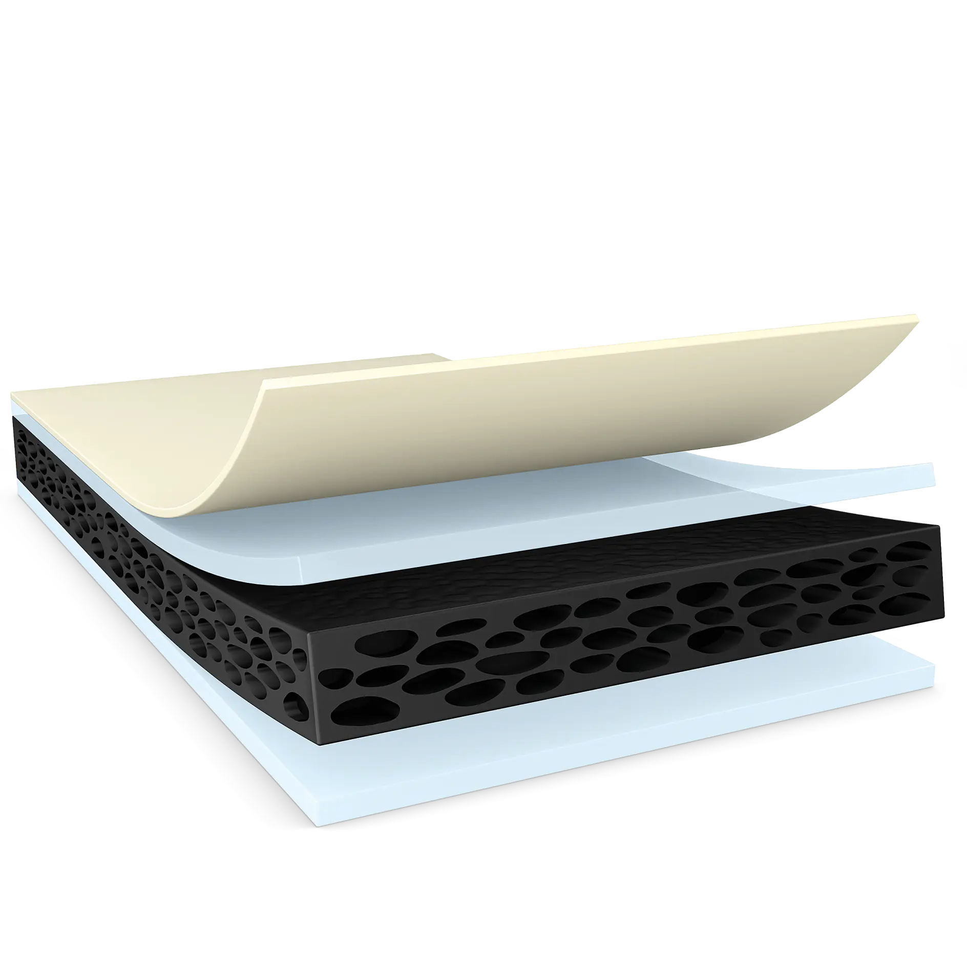 tesa adhesive tape with layered structure showing foam core and protective liners on white background (This text has been generated by AI)