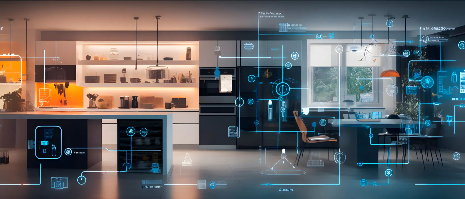 A modern kitchen with sleek cabinetry and appliances, featuring digital graphics representing smart home technology overlaying the scene. The room is well-lit with natural light from a window and accented by various light fixtures. Throughout, essential elements are seamlessly held together using tesa tape, ensuring a clean and polished look without any visible hardware.