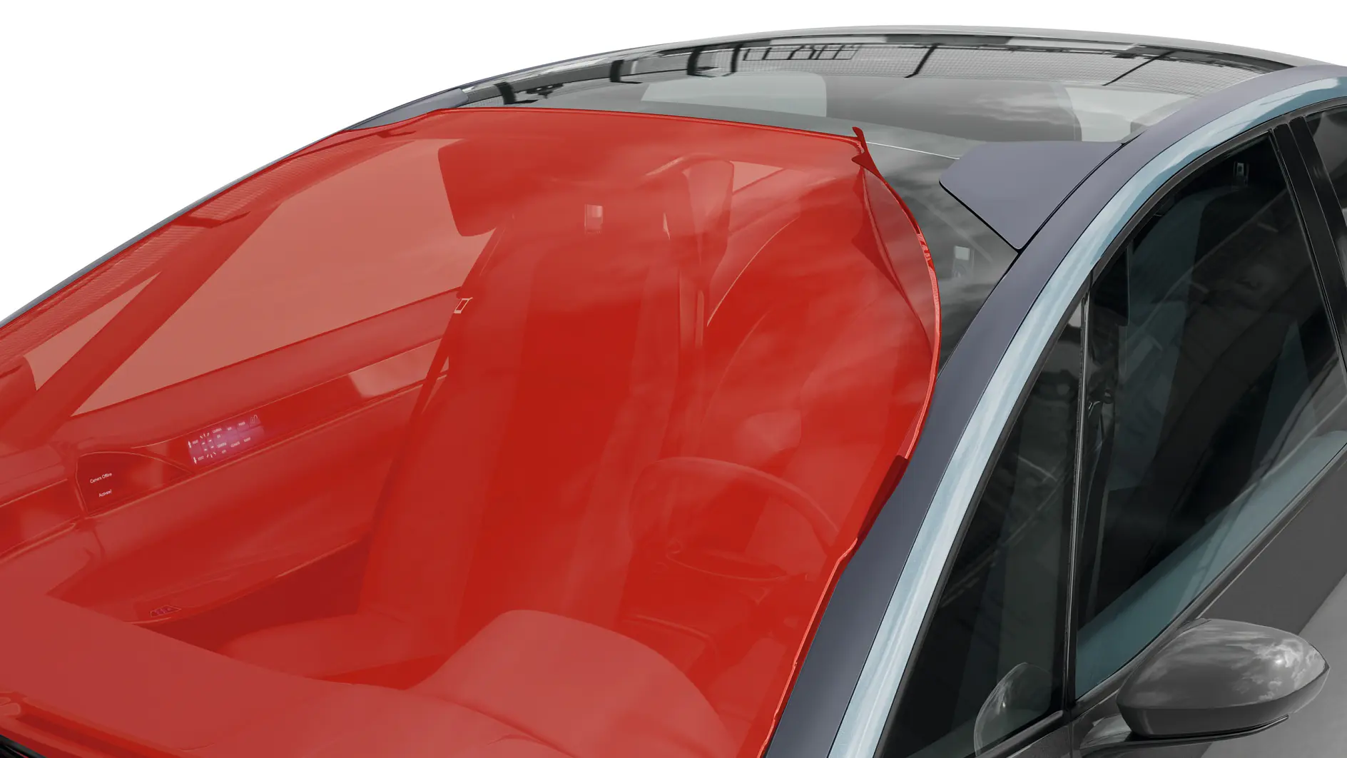 Red sunshade partially covering the windshield of a car, interior visible through the glass, illustrating automotive glass adhesives use for surface protection.