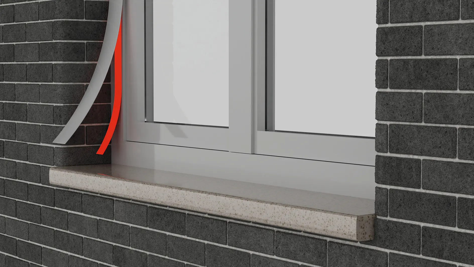 gray brick wall with a closed white window and a beige stone windowsill in an outdoor setting tesa seal strip partially peeled back on the left side (This text has been generated by AI)