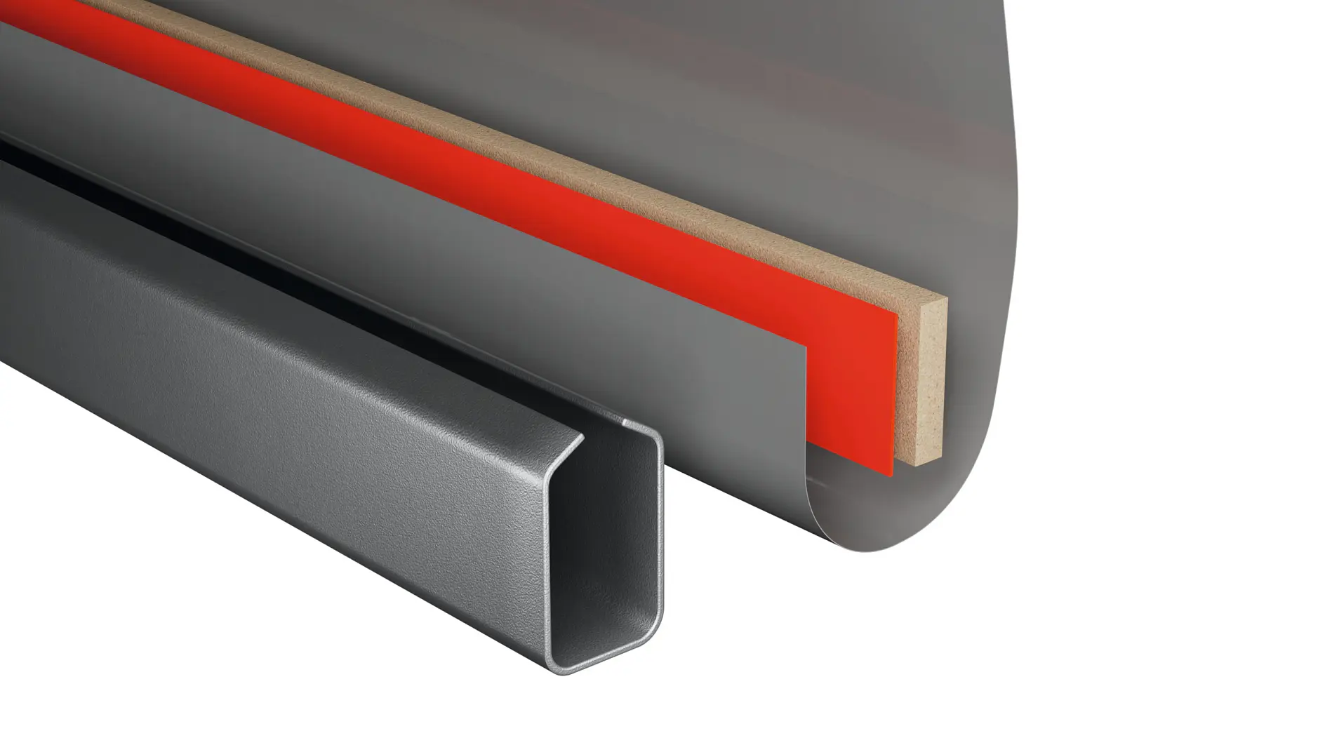gray and red tesa sealing strip with rectangular cross-section on white background (This text has been generated by AI)