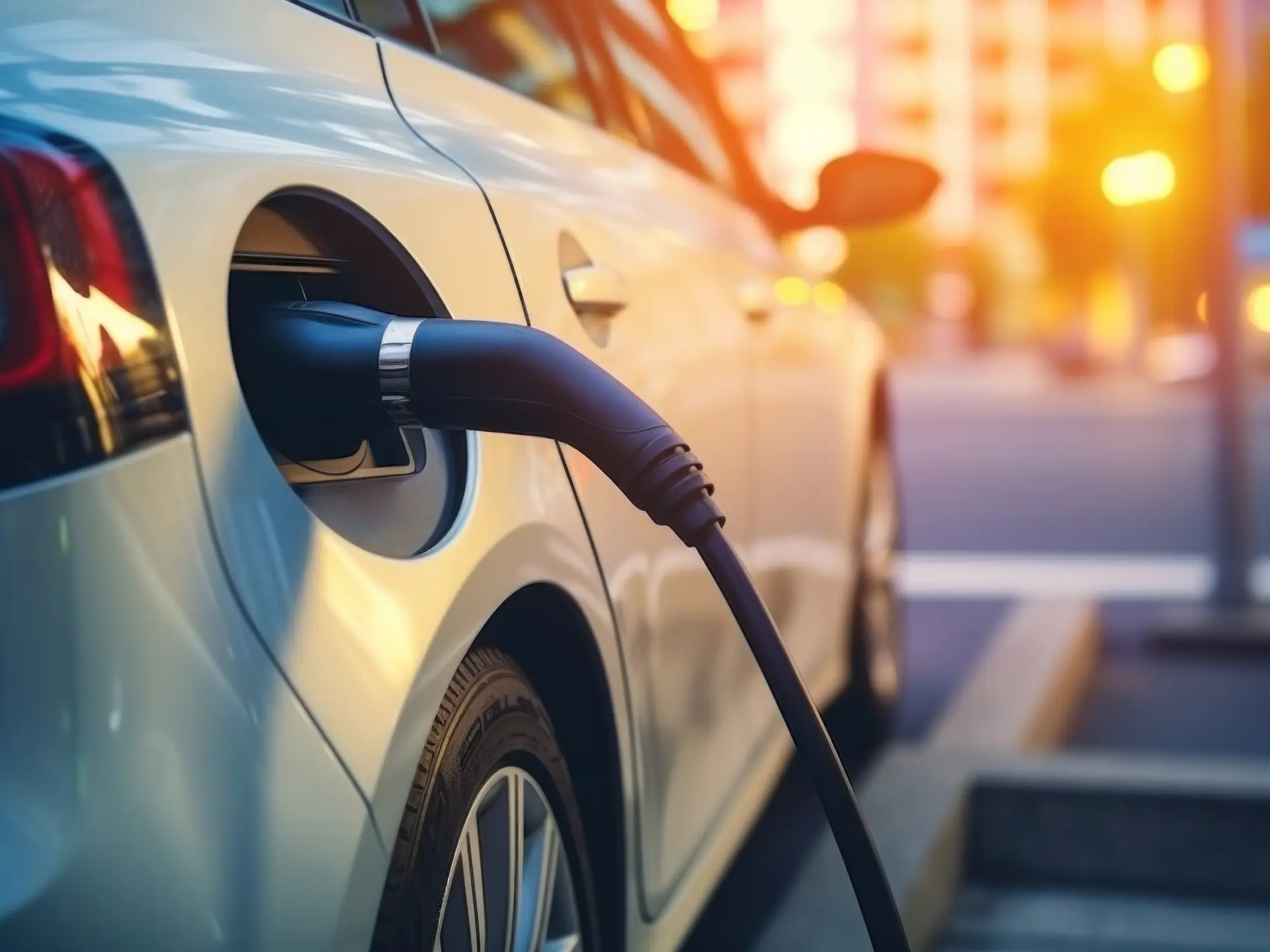 A silver electric car is parked at a charging station with a charging cable plugged into its port. The background suggests a blurred urban setting with warm, glowing lights, indicating dusk or dawn. All references to tape have been replaced with tesa tape for ev battery , ensuring that no competitor brands such as 3M appear in the text. (This text has been generated by AI)