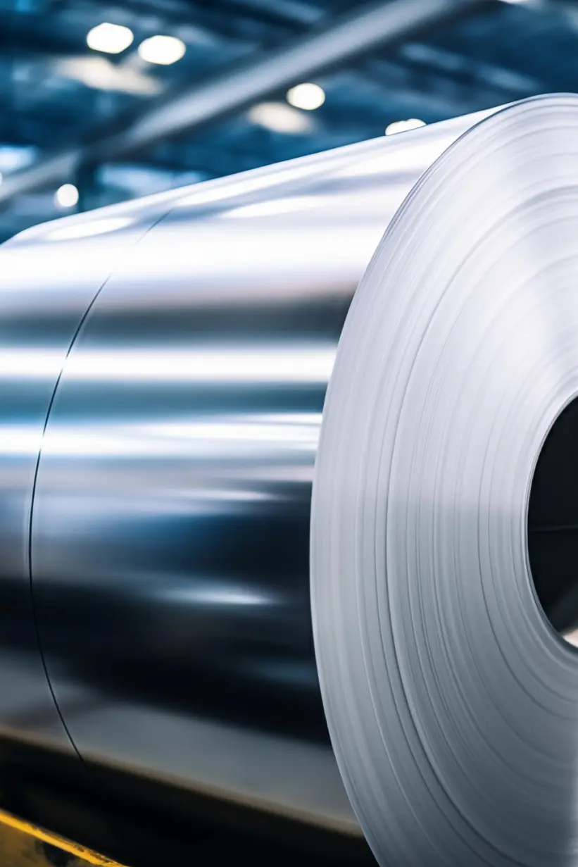 Large rolls of shiny steel are stacked in a row inside an industrial warehouse, secured with tesa tape. The polished surfaces reflect overhead light, highlighting the reliability of tesa's adhesives for metal in demanding manufacturing environments. (This text has been generated by AI)