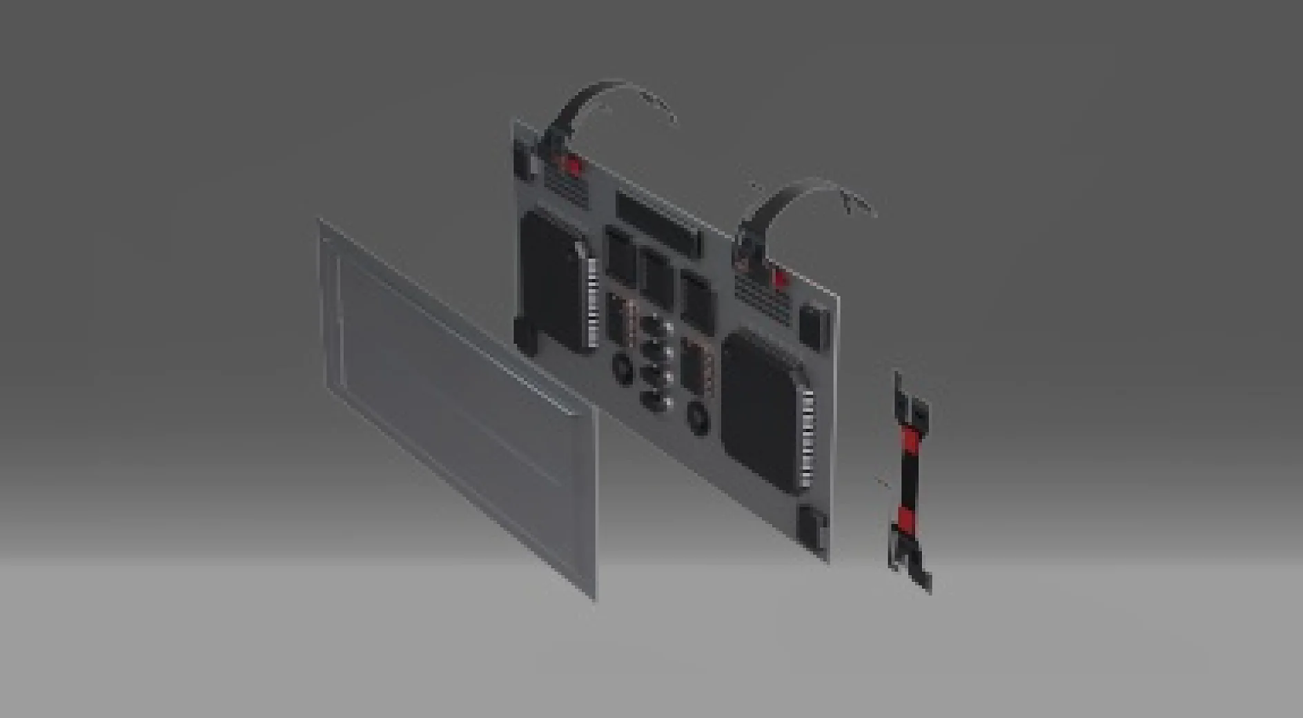 A digital rendering of a disassembled electronic device showing multiple panels. The components include two large circuit boards with connectors and various components, tesa tape, flat cables, and a separated front panel, all set against a plain background. (This text has been generated by AI)