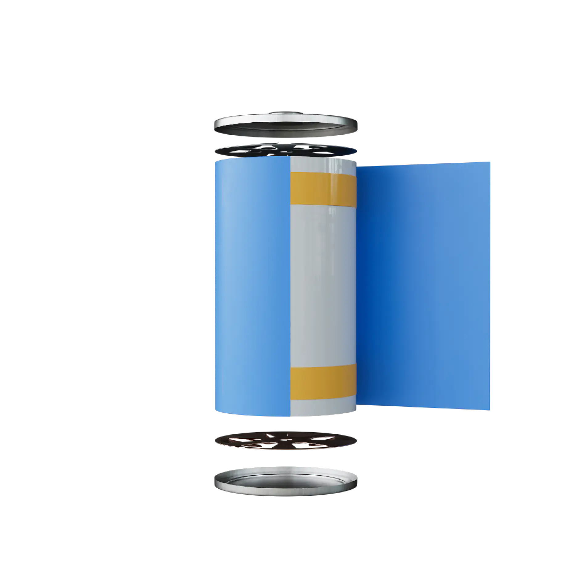 tesa adhesive tape roll with blue backing and disassembled metal components on white background (This text has been generated by AI)