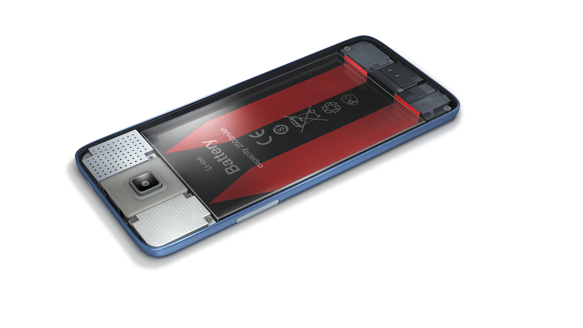 tesa branded red and black tape measure inside a transparent blue plastic case on a white background