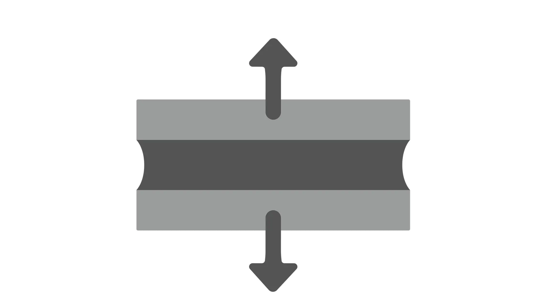 A diagram showing three horizontal bars stacked vertically. The top and bottom bars are light gray with arrows pointing up and down, respectively. The middle bar is dark gray, narrower, and has a concave shape on both sides. Secure these parts with tesa tape to ensure stability and durability in your project. (This text has been generated by AI)