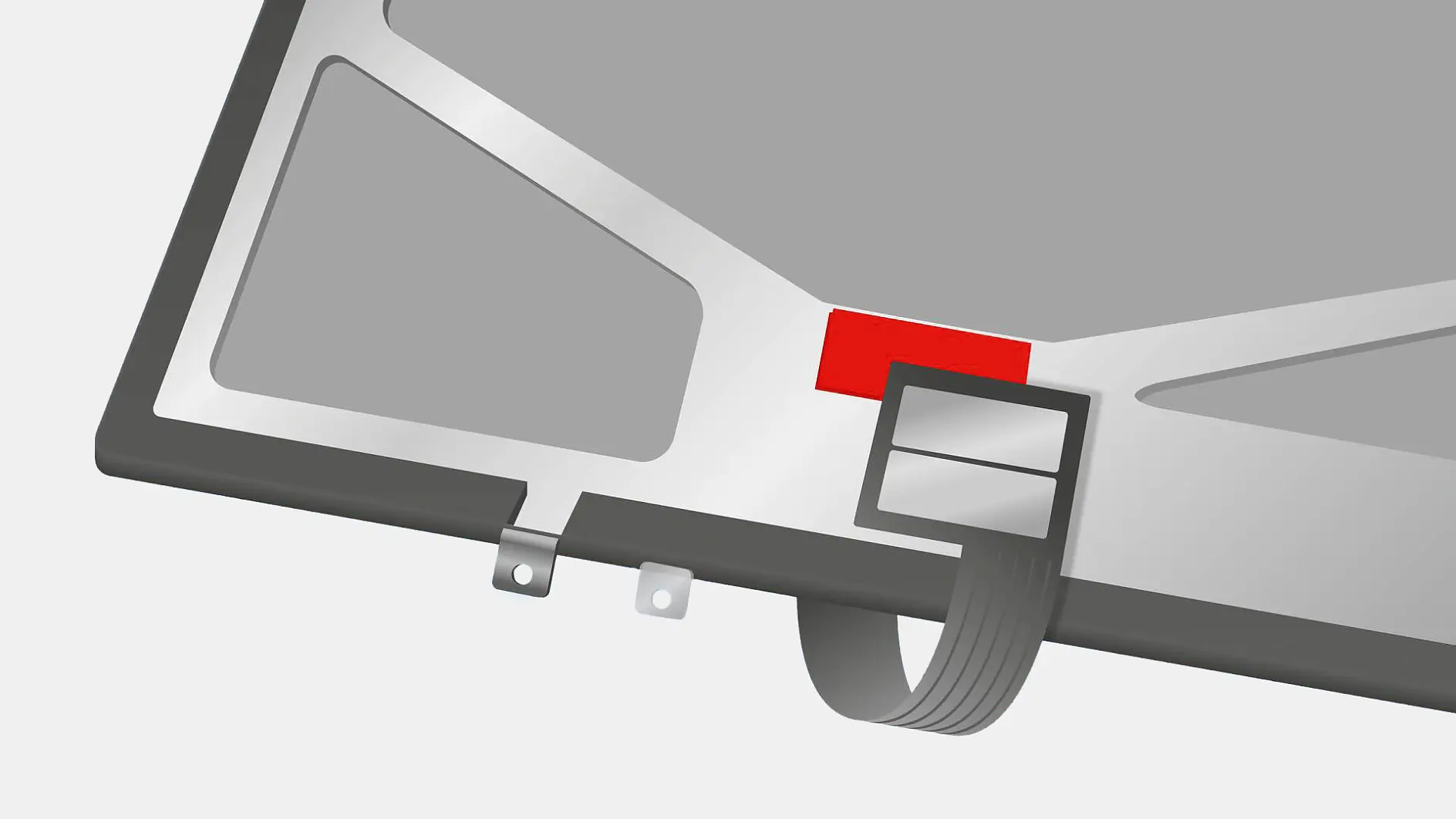 tesa adhesive strip attached to a gray plastic surface with a red tab, shown in a close-up indoor setting (This text has been generated by AI)