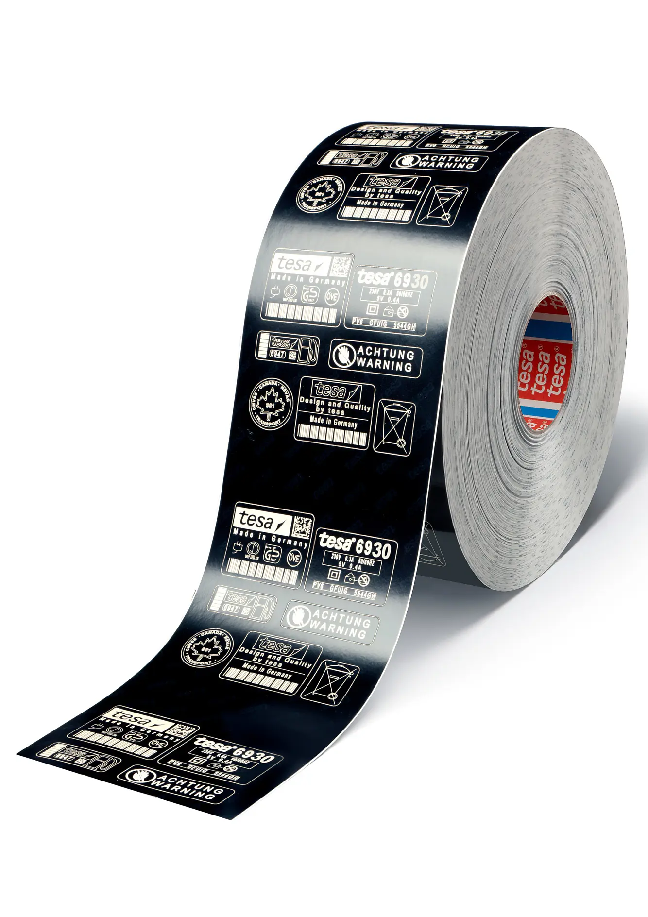 roll of black tesa adhesive tape with white printed symbols and text on a white background (This text has been generated by AI)