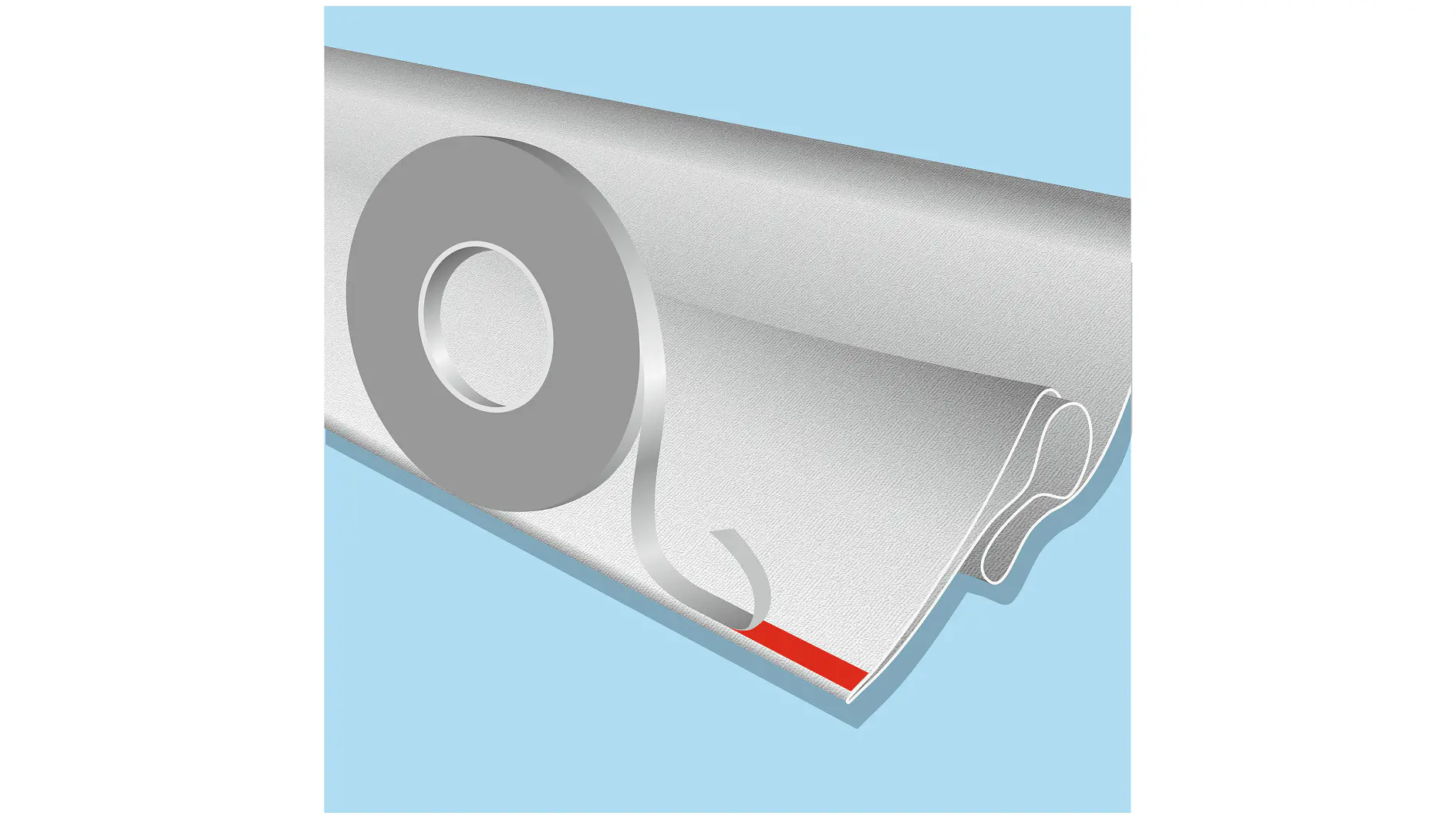 roll of tesa adhesive tape partially unrolled on a blue background, showing the tape's sticky side and core (This text has been generated by AI)