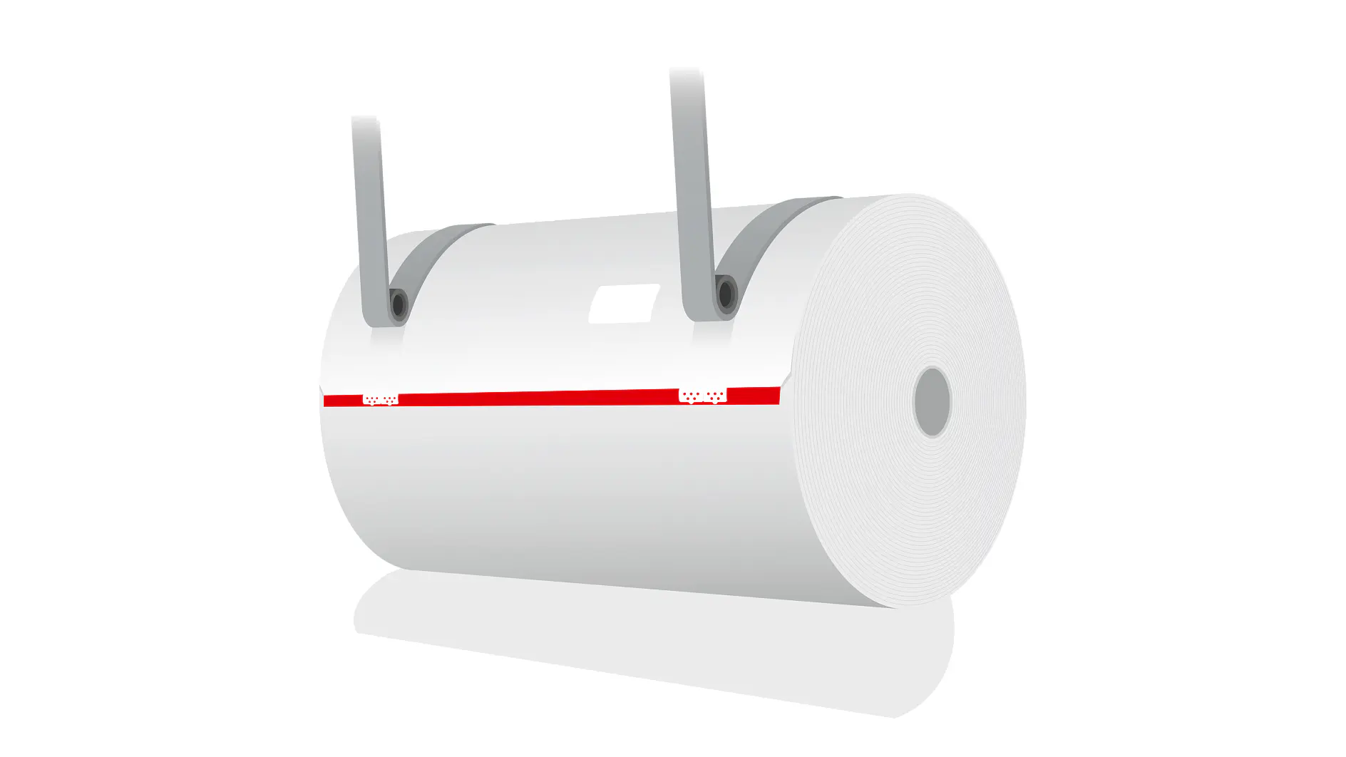 White industrial roll with red tesa logo, suspended by two metal hooks, isolated on a white background. (This text has been generated by AI)