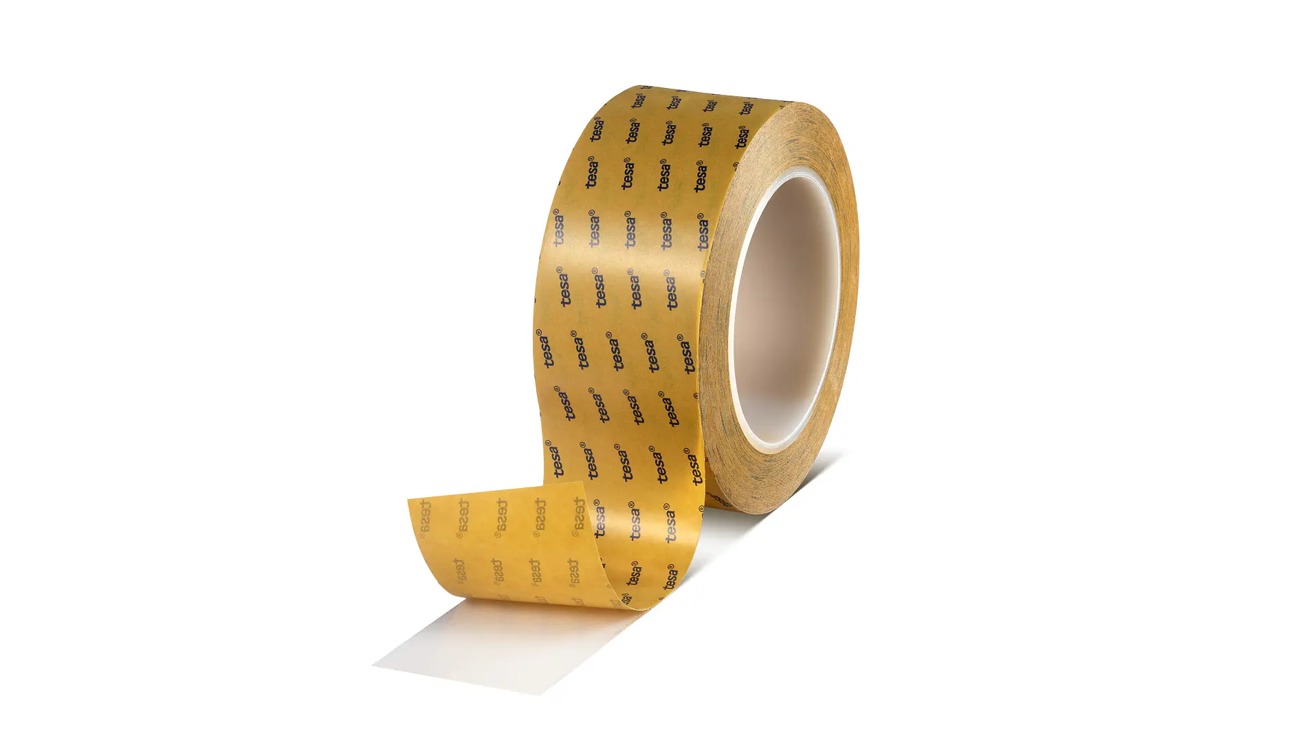 roll of tesa branded brown adhesive tape with partially unrolled strip on white background (This text has been generated by AI)