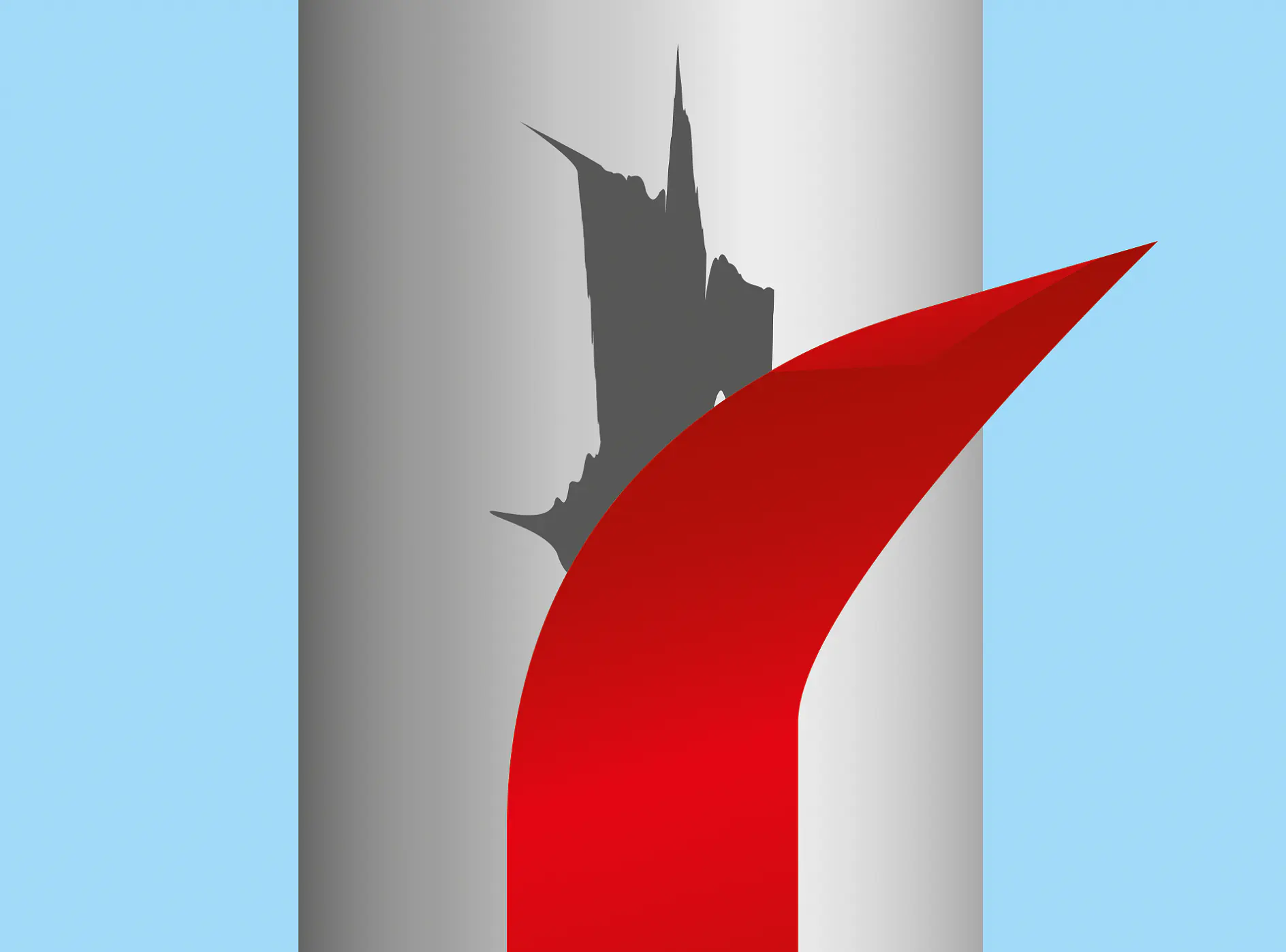 tesa branded silver tape with a red curved strip peeling off, revealing a torn surface underneath on a light blue background (This text has been generated by AI)