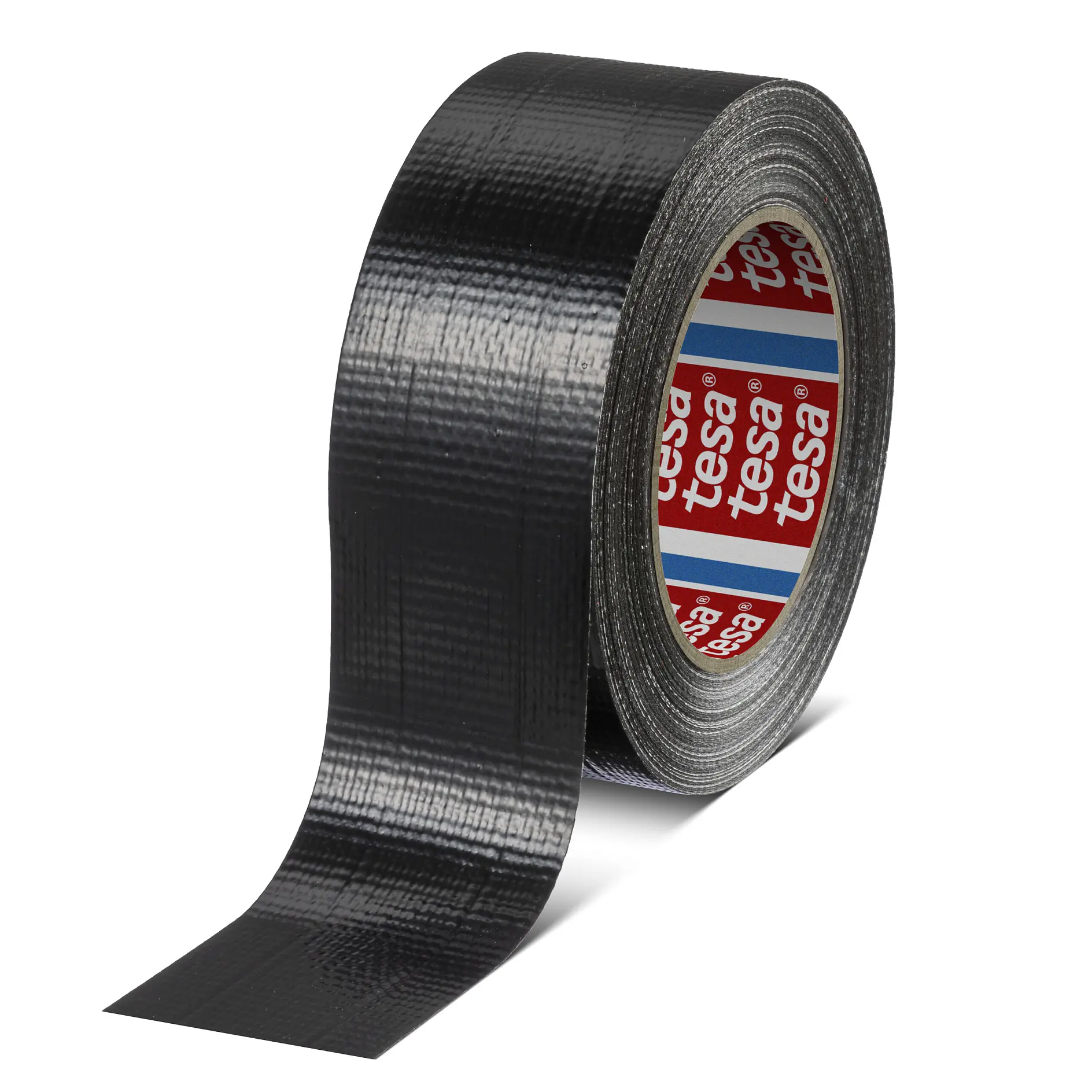 roll of black tesa duct tape partially unrolled on white background, showing textured surface and branded inner core (This text has been generated by AI)