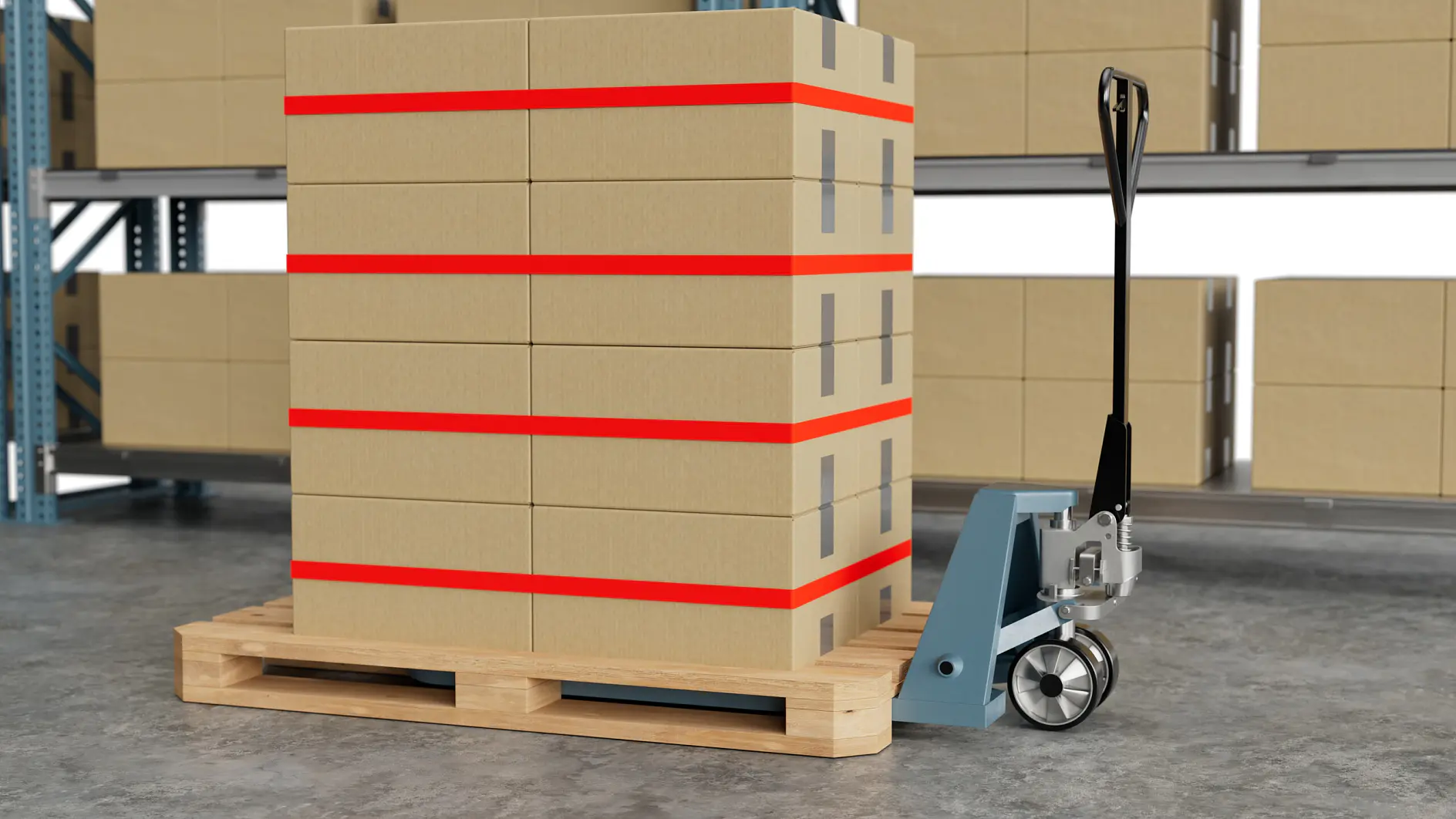 a stack of cardboard boxes with red stripes on a wooden pallet next to a pallet jack in a warehouse setting (This text has been generated by AI)