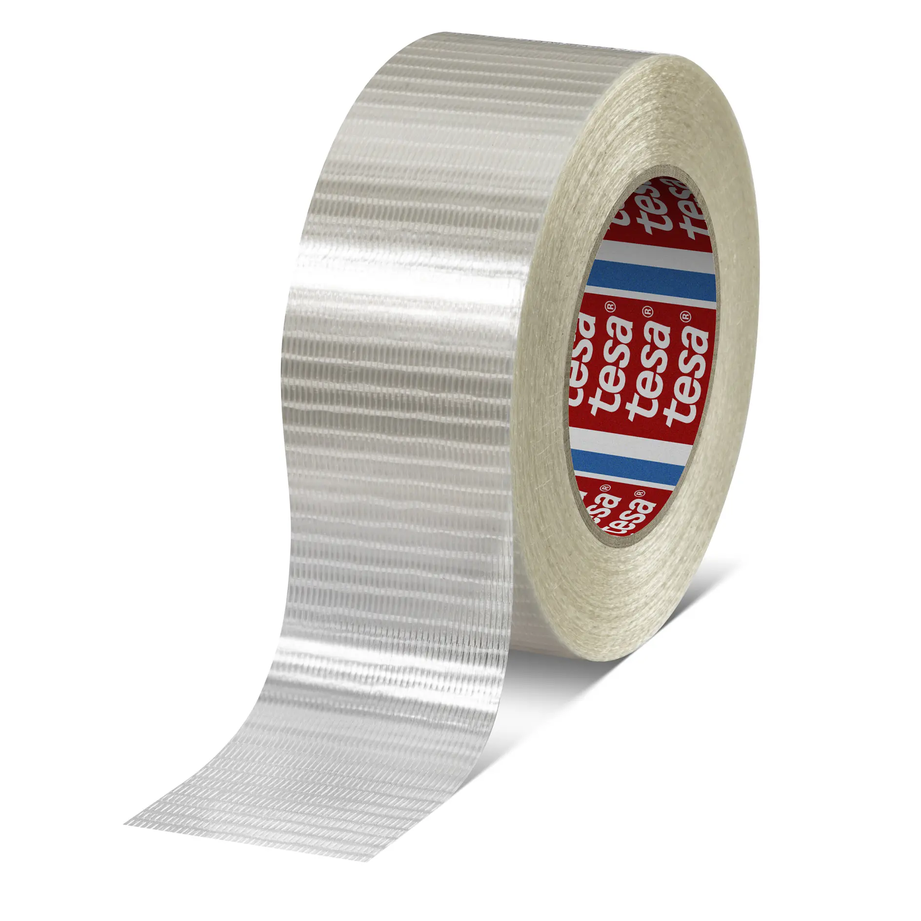 roll of clear tesa adhesive tape with partially unrolled strip on white background