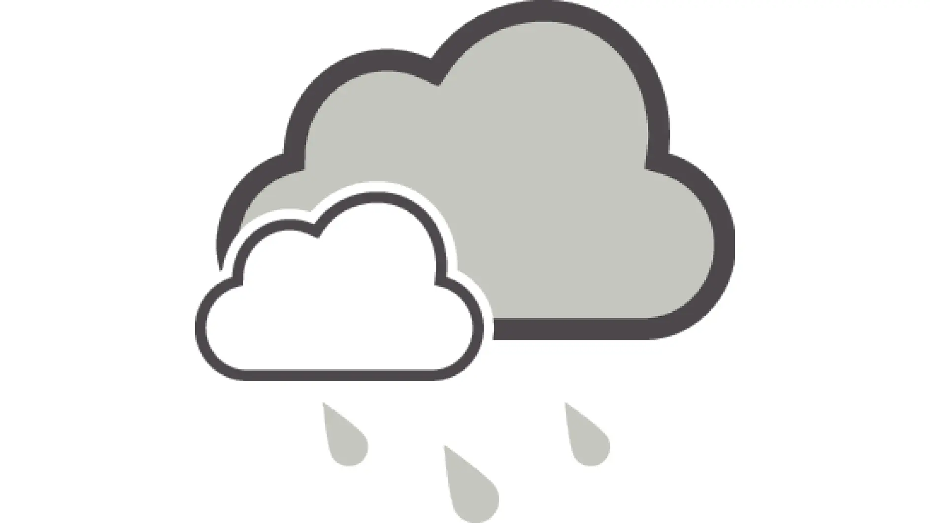 Two gray clouds with three raindrops falling below, representing rainy weather in a simple graphic style. (This text has been generated by AI)