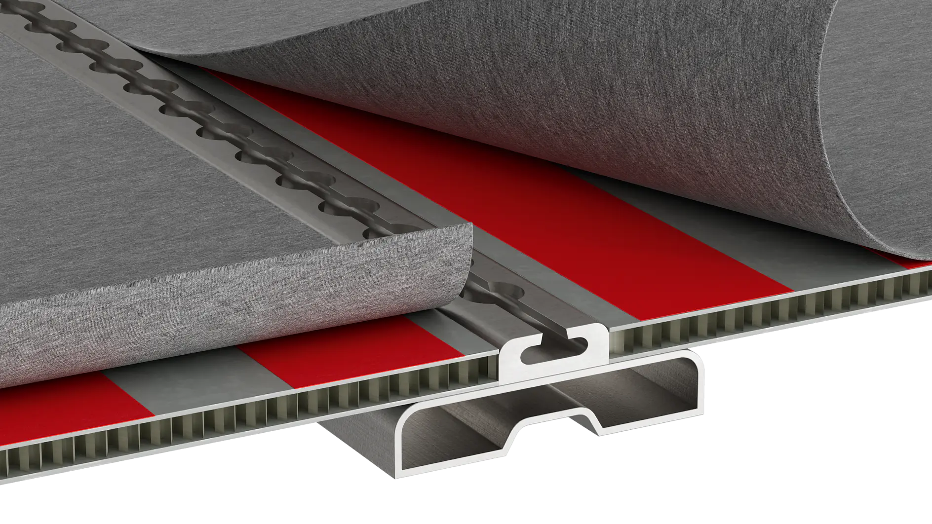 Cross-section diagram showing layered construction materials, including a gray sheet, red tesa tape strips, honeycomb core, and a central metal expansion joint, with some layers partially peeled back to reveal the structure beneath. (This text has been generated by AI)