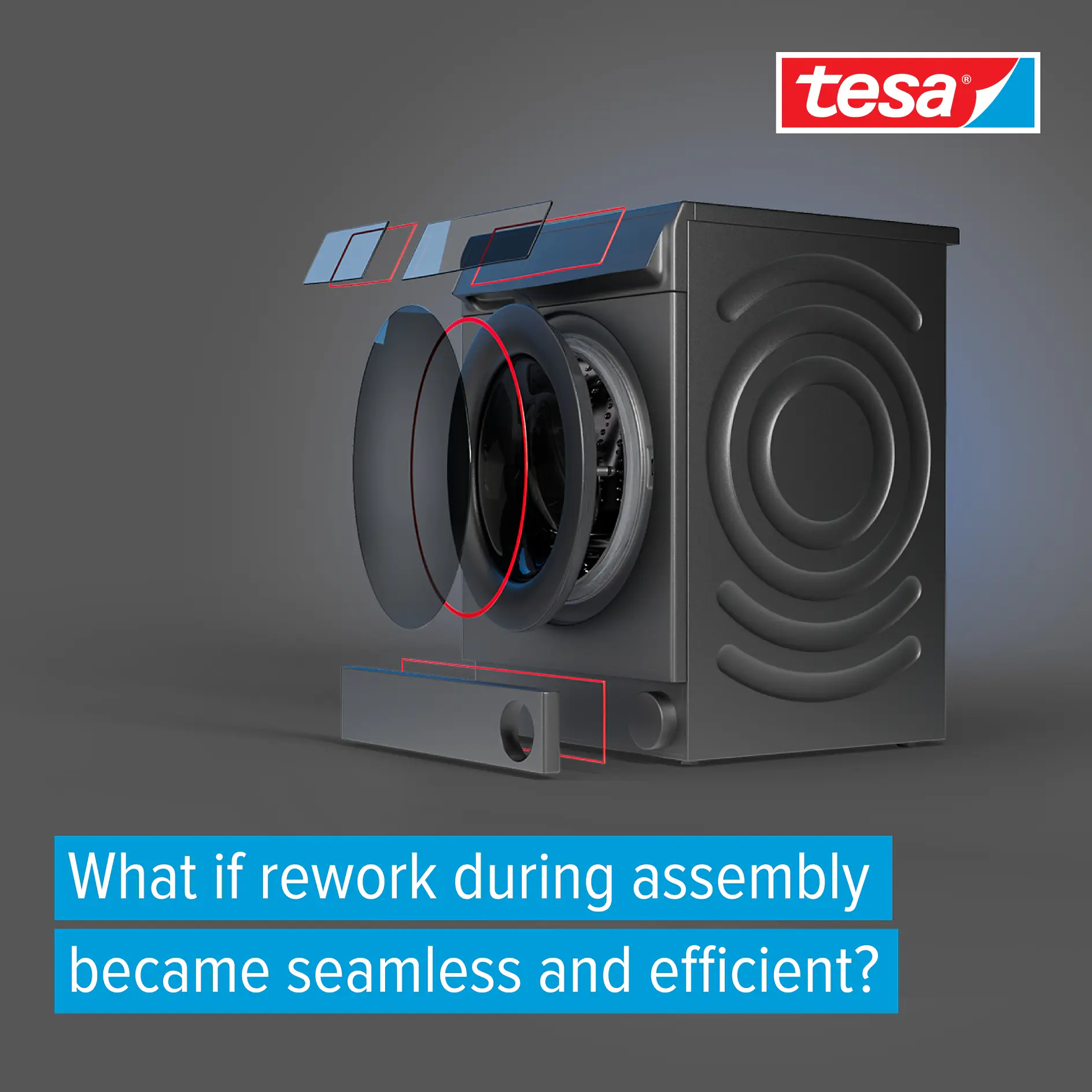 Exploded view of a washing machine with highlighted components, tesa logo in the top right, and the text What if rework during assembly with tesa tape became seamless and efficient? in a blue box at the bottom. (This text has been generated by AI)