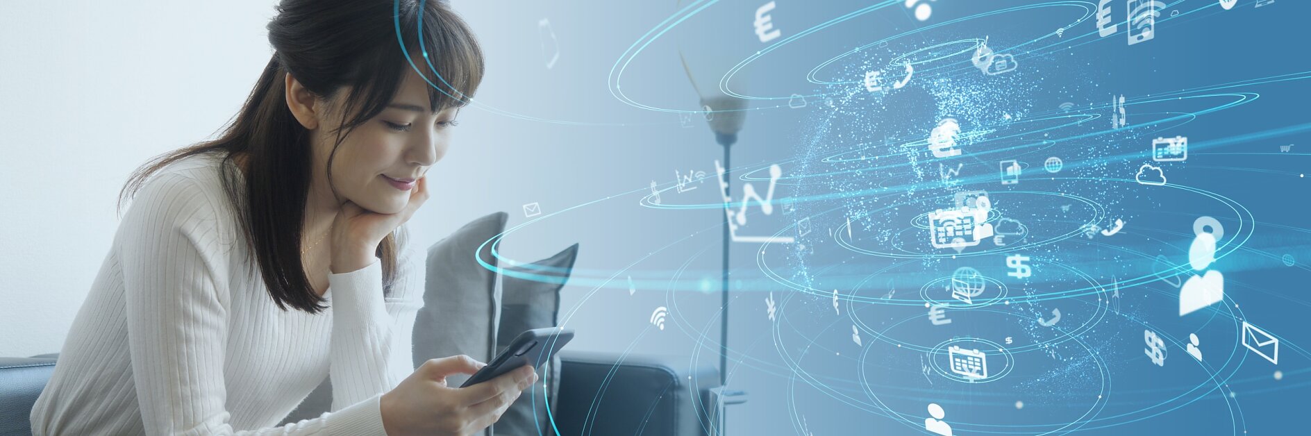 A woman sits on a couch, looking at her smartphone. She is relaxed, with her chin resting on her hand. Beside her, digital icons and symbols such as currency signs, cloud, and Wi-Fi float, representing connectivity and digital communication with tesa tape featured in the scene.