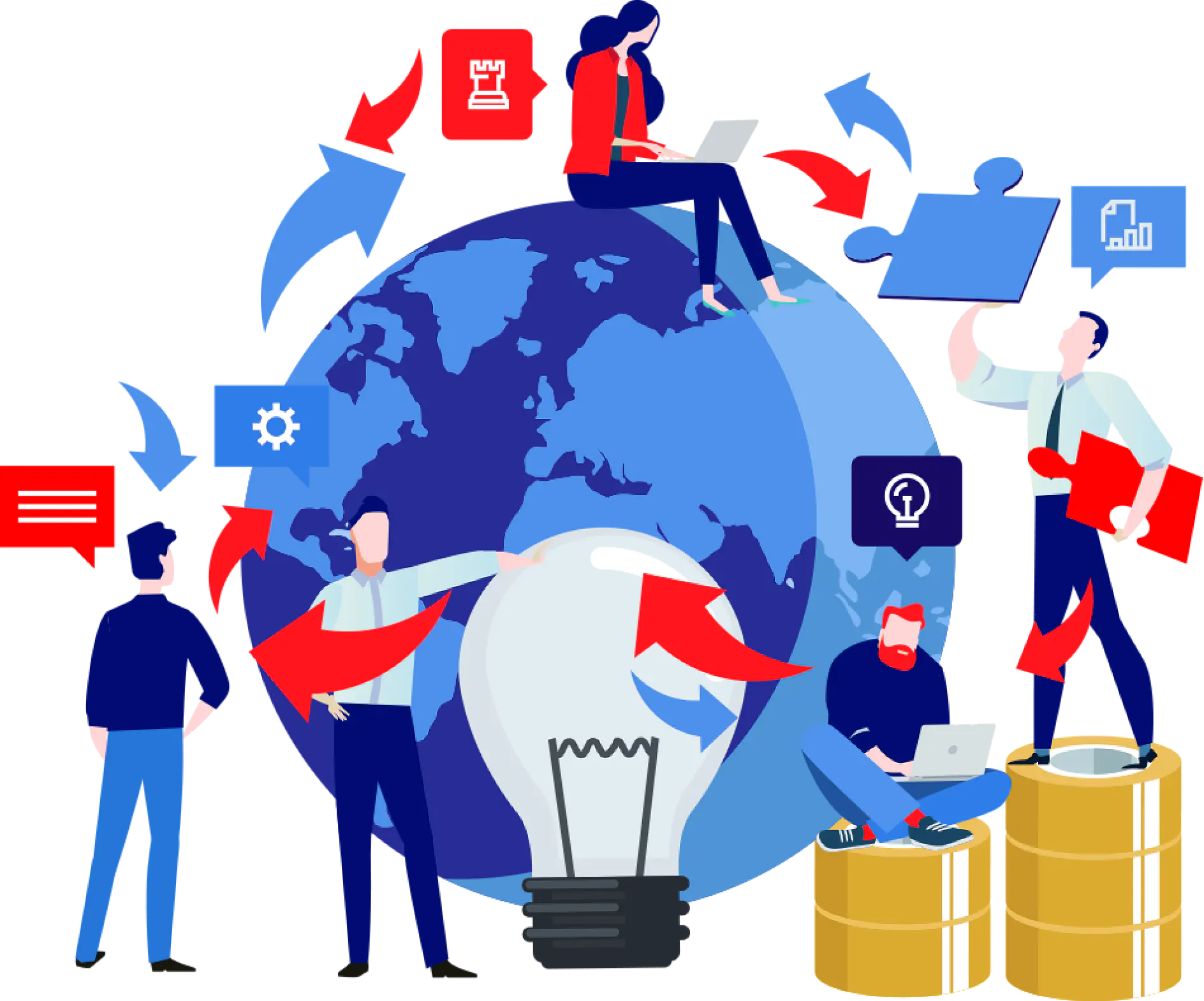 An illustration features people around a large globe, engaging in various activities. Some use laptops, while others hold a puzzle piece and a bar graph. Arrows, a lightbulb, and icons like a chat bubble and gear are also present.