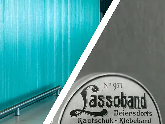 A turquoise wall with a metal rail is on the left. On the right, there is a vintage tin container labeled Lassoband with German text, including specifications like 15 mm breit 25 m lang. The image is divided diagonally.