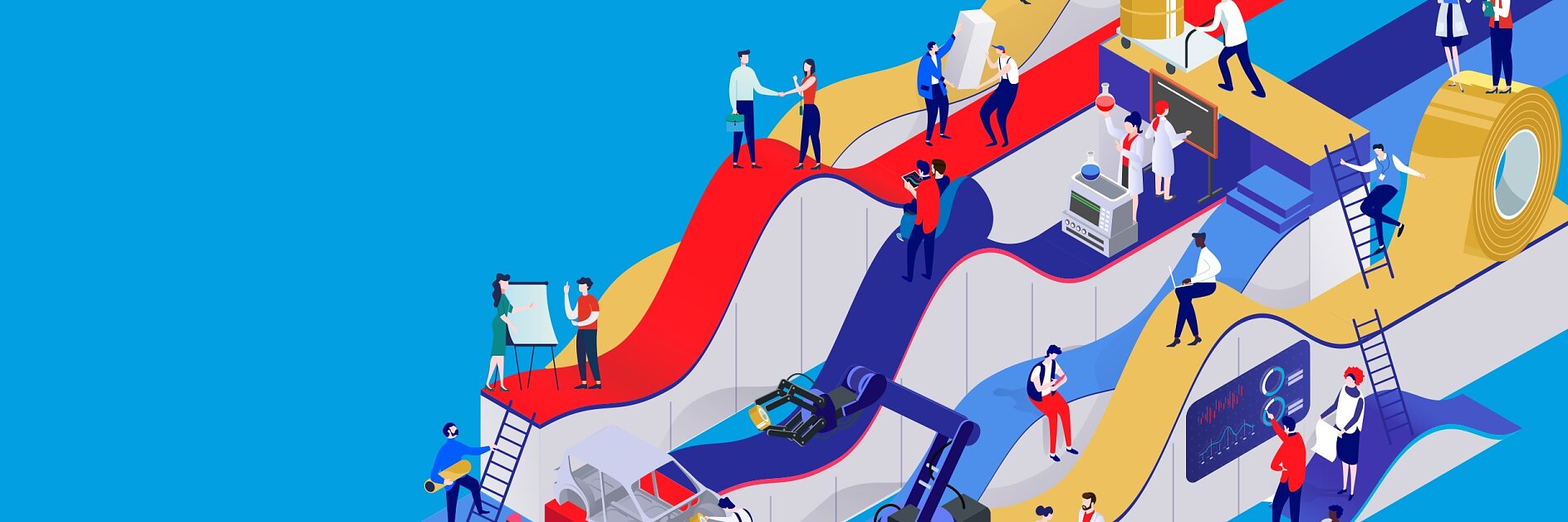 An illustration depicts workers on a multi-level structure with ribbons extending overhead. They operate machinery, analyze charts, and collaborate. The scene includes a globe, gears, and large tesa tape rolls, symbolizing global teamwork and industry.