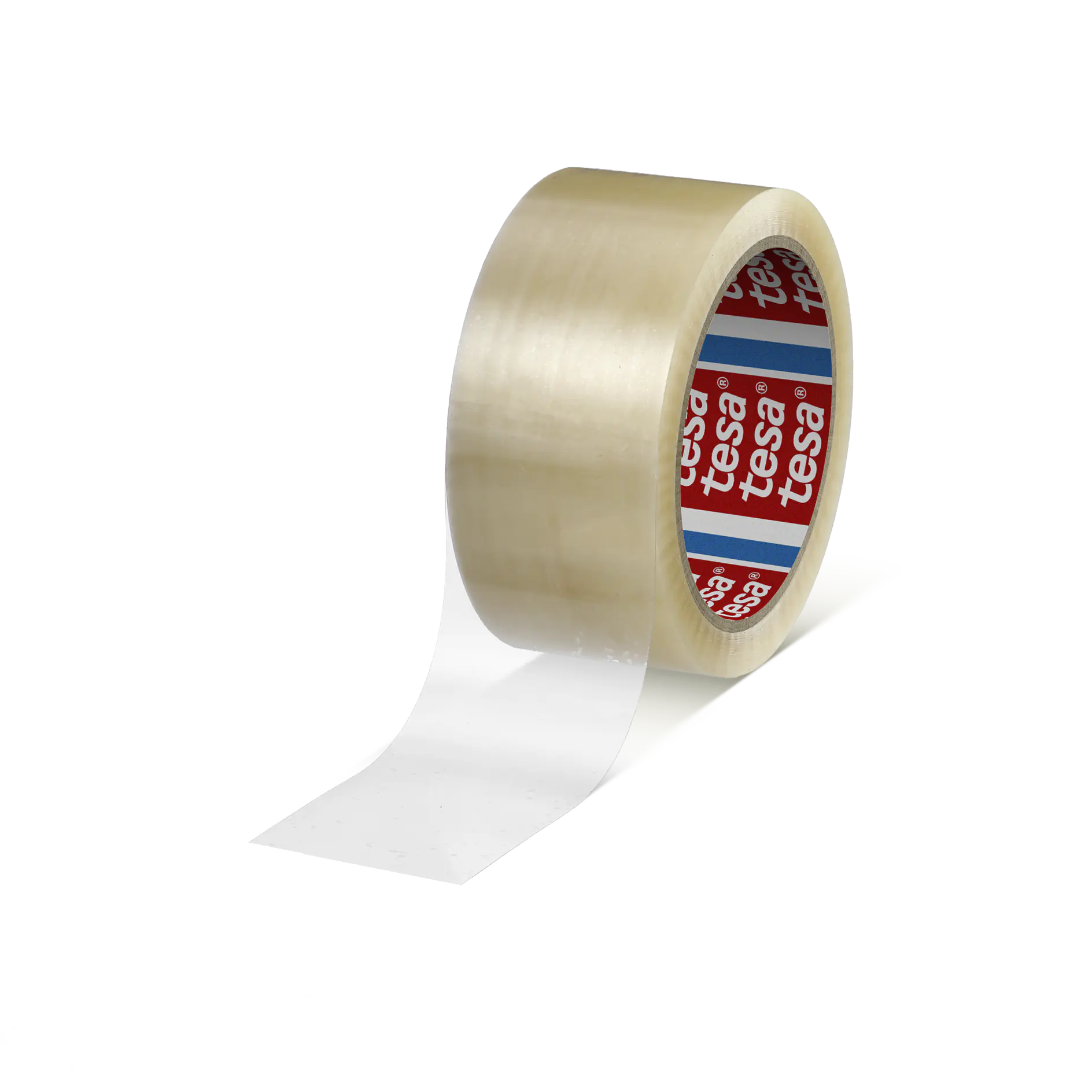 A roll of transparent adhesive tesa tape with a strip partially unrolled. The inner cardboard core is visible, showing a red and white design with text and a blue stripe. The tesa tape is positioned on a white background. (This text has been generated by AI)