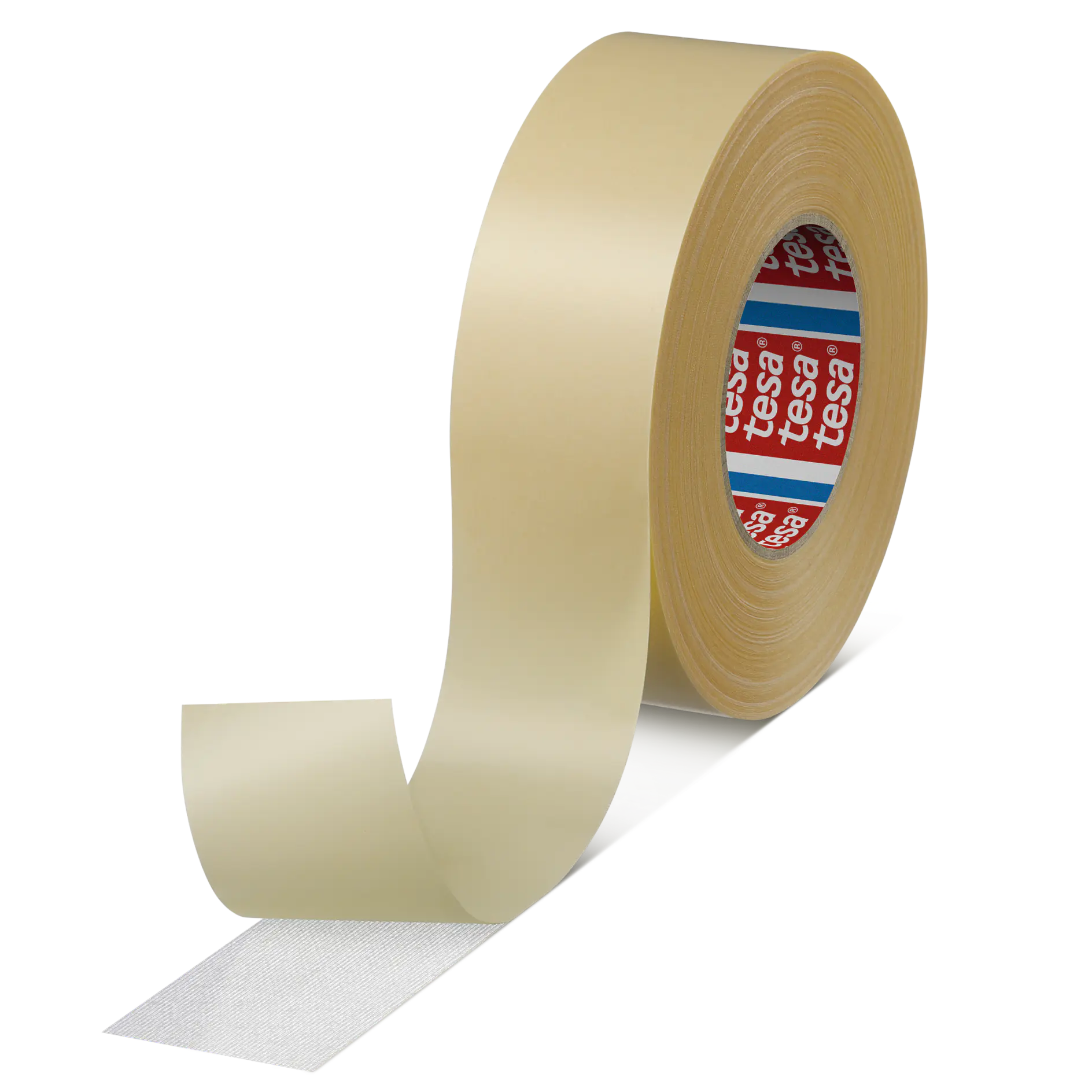 A roll of beige adhesive tesa tape with one end partially unrolled, revealing the sticky side. The inside of the roll displays the brand tesa in red and white text.