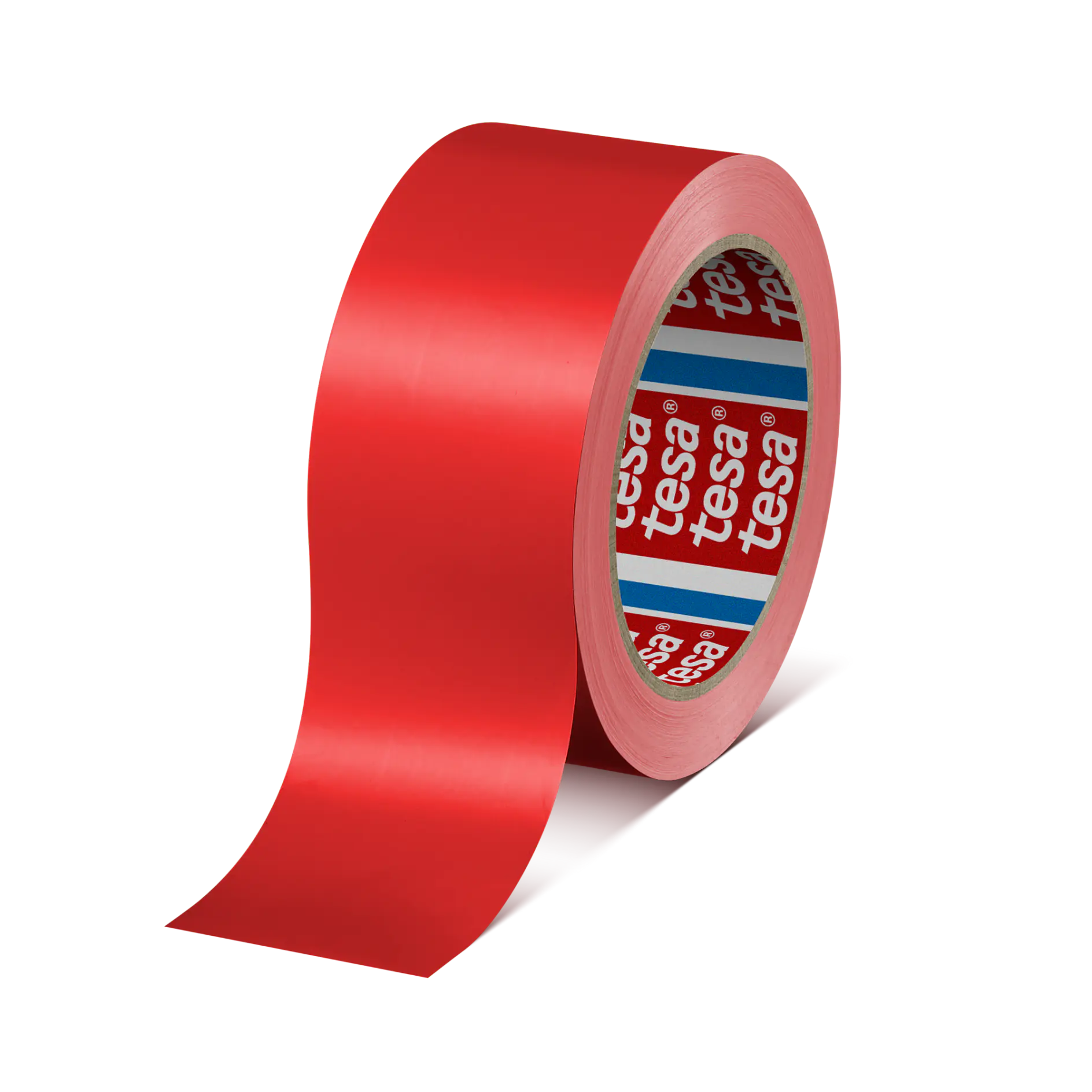 A roll of red adhesive tesa tape is partially unrolled, revealing the sticky side. The inner core of the roll is branded with the text tesa on a red and blue background. The tesa tape is positioned against a white background. (This text has been generated by AI)