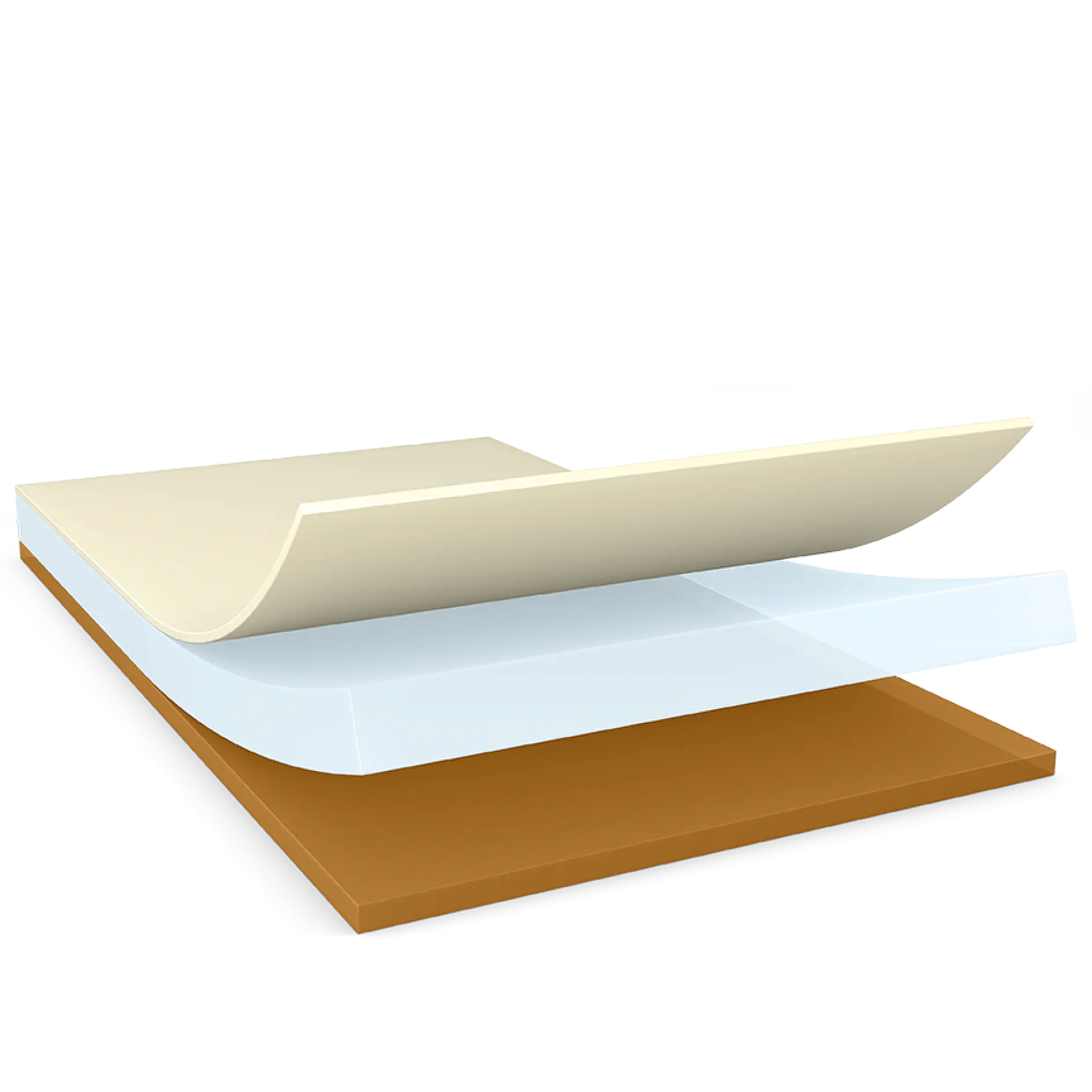 Cross-sectional rendering of layered materials. The image shows four distinct layers: a beige top layer made with tesa tape, a white layer of tesa tape beneath, followed by a transparent blue layer using tesa tape, and a brown base layer at the bottom created with tesa tape.
