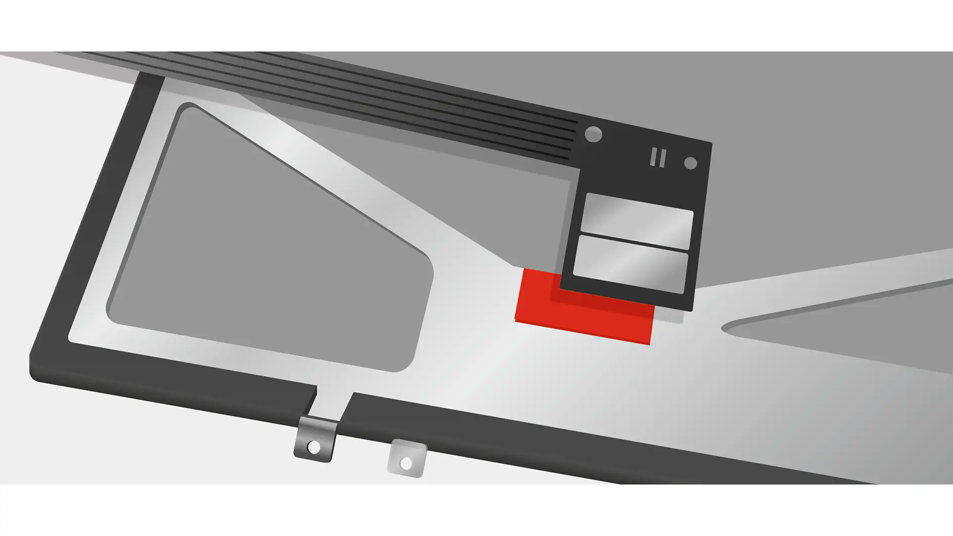 Illustration of a vinyl record player with a black tonearm and cartridge above a record. A red portion is visible on the turntable base, along with geometric shapes and a grey background. The tonearm, made using tesa tape, is positioned over the stylus. (This text has been generated by AI)
