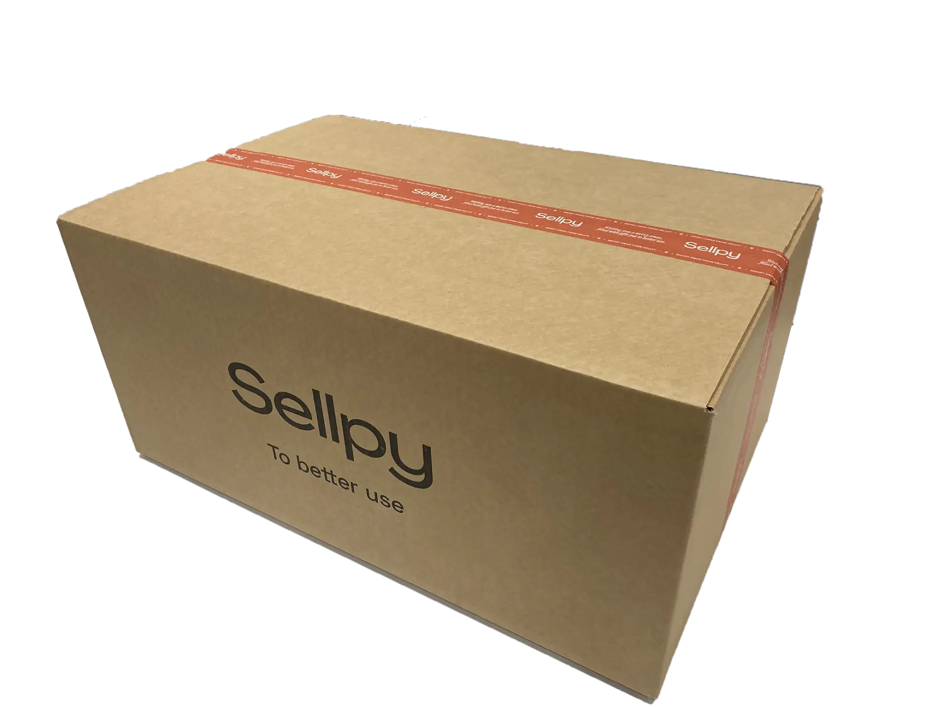 Cardboard box on a table with the logo Sellpy and the phrase To better use printed on the side. The box is sealed with red tesa tape displaying the same brand name.