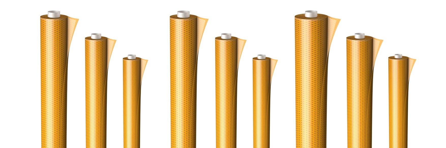 Nine upright gold-wrapped chocolate bars, slightly unwrapped at the top, are lined up in a staggered formation against a white background. They are held securely in place with tesa tape, ensuring no movement disrupts the display.
