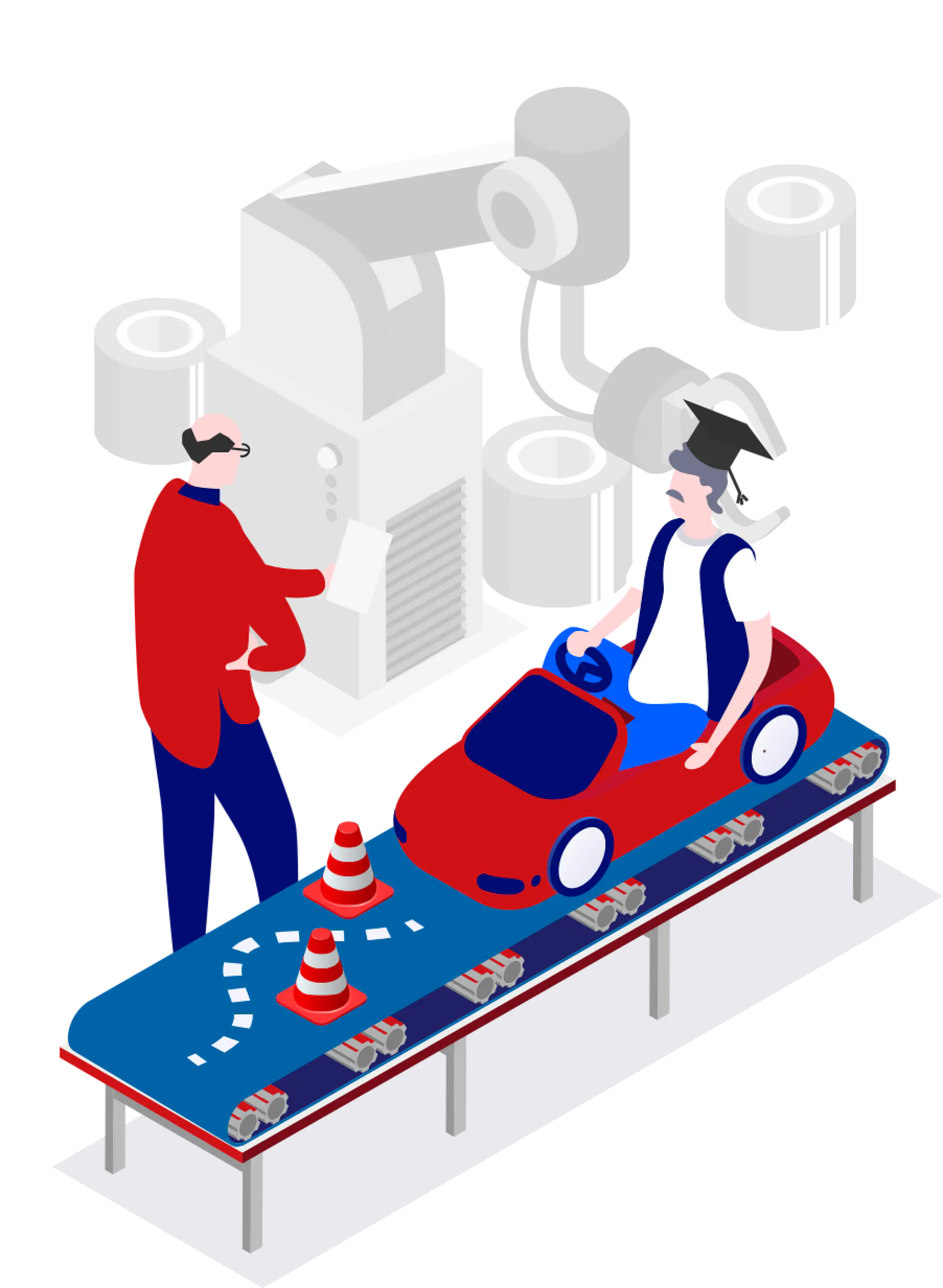 Illustration of two people at an assembly line. One person is standing beside a machine with buttons, and the other sits in a red toy car on the conveyor belt. There are several toy cars on the belt and rolled-up tesa tape in the background.